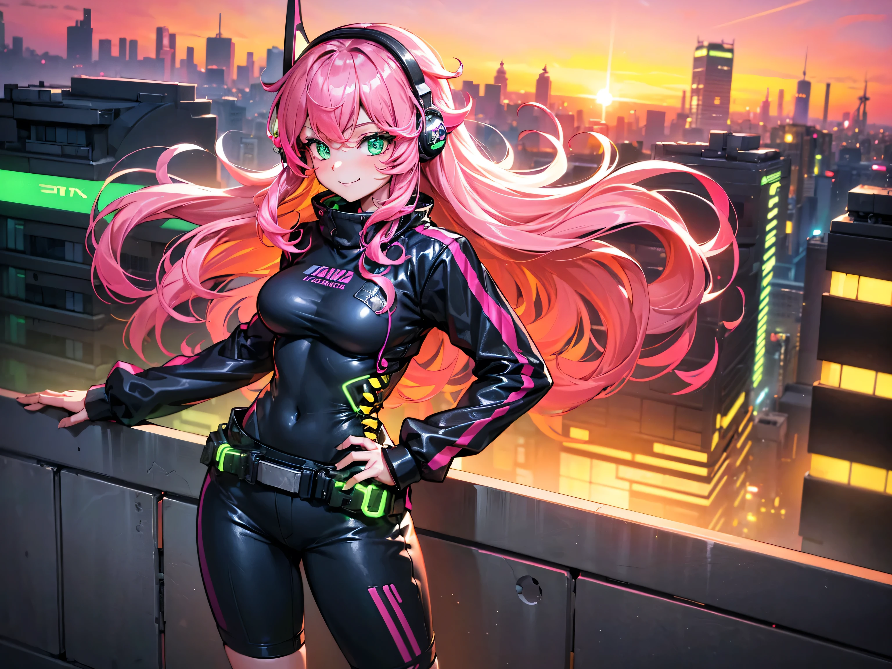 masterpiece:1.4, 1girl ((20year old, dressed in long sleeve shirt, tight black shorts, sneakers, medium breasts, multicolor pink hair, curly long hair, green eyes:1.4, Wearing headphones, happy, smiling, standing on a balcony:1.1 tall sci-fi buildings in background:1.1, neon and energetic atmosphere:1.2)) ((sunset)) (close up shot)) ((solo:1.6))