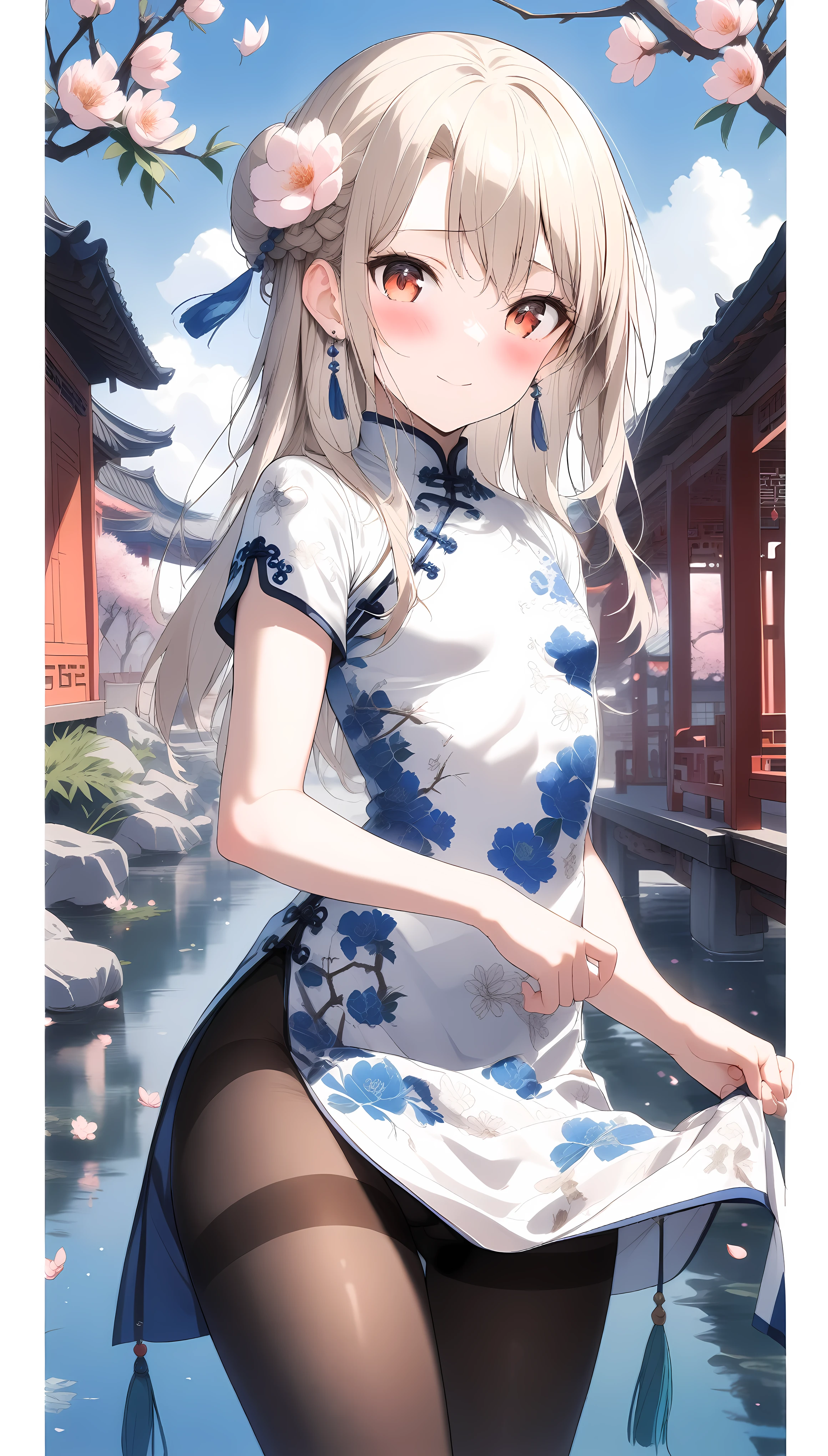 1girl,(illyasviel von einzbern),red_eyes,cream hair,(french braid),smile,blush,flower,beautiful detailed_background,small breasts,butterfly,((blue and white porcelain gorgeous qipao,china dress,chinese clothes,dress),gold trim,floral print,(spank skirt),jewelry,earrings,explicit,flower,general, hair_ornament,peach blossom,long_hair,looking_at_viewer,pantyhose,print dress,solo,thighband pantyhose,questionable,sensitive,solo,tassel,tassel_earrings,(spring),Chinese style architecture, Chinese style, lake, ancient town, beautiful and meticulous water, (Fishing boat), pavilion,steam,Surrounding by falling peach blossoms petals,