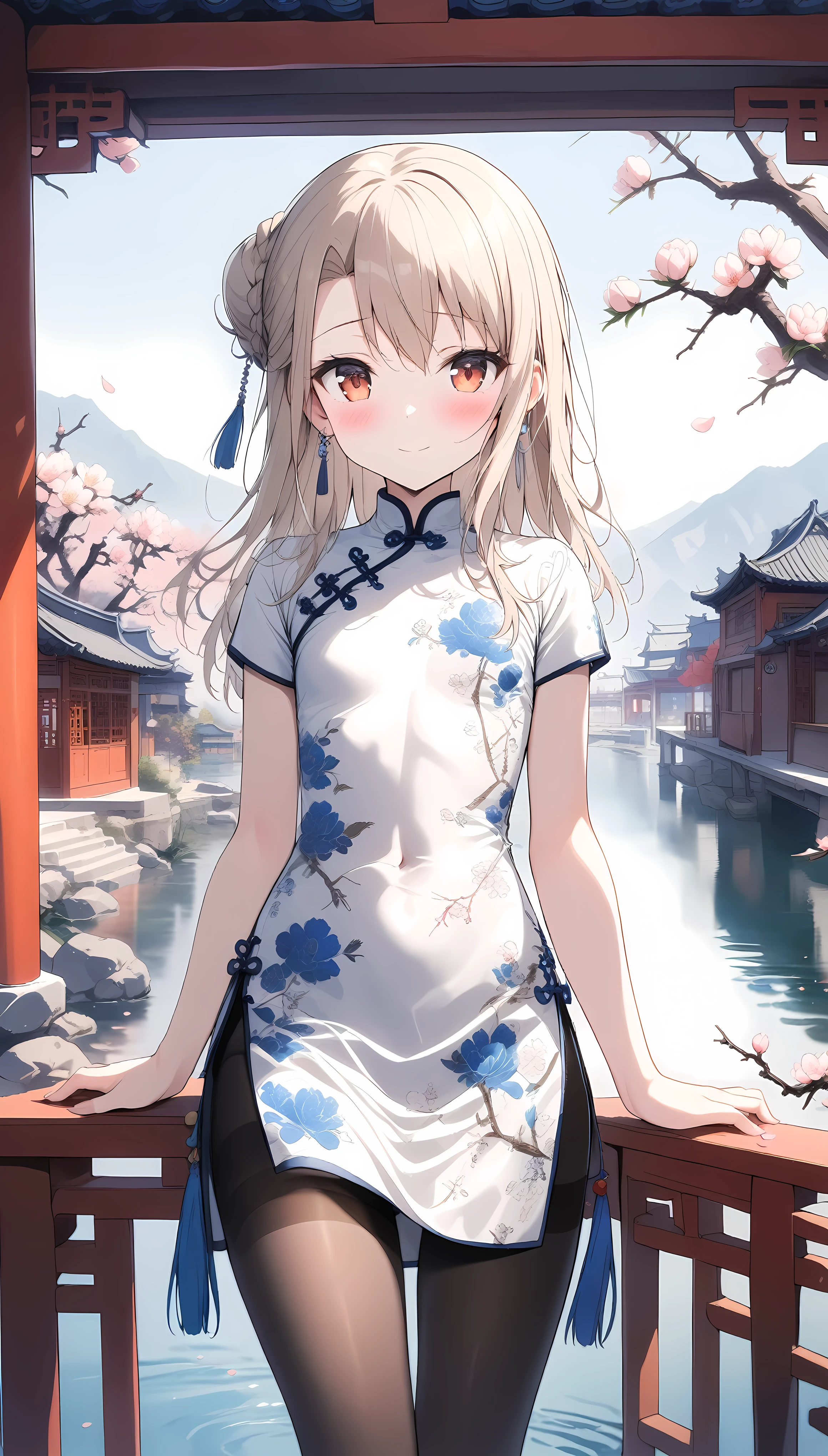 1girl,(illyasviel von einzbern),red_eyes,cream hair,(french braid),smile,blush,flower,beautiful detailed_background,small breasts,butterfly,((blue and white porcelain gorgeous qipao,china dress,chinese clothes,dress),gold trim,floral print,(spank skirt),jewelry,earrings,explicit,flower,general, hair_ornament,peach blossom,long_hair,looking_at_viewer,pantyhose,print dress,solo,thighband pantyhose,questionable,sensitive,solo,tassel,tassel_earrings,(spring),Chinese style architecture, Chinese style, lake, ancient town, beautiful and meticulous water, (Fishing boat), pavilion,steam,Surrounding by falling peach blossoms petals,