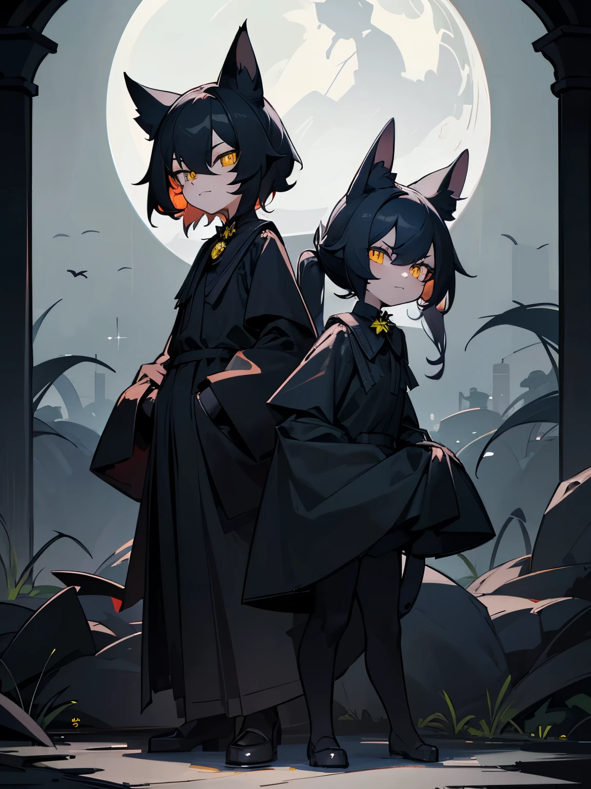 cartoon of two cats in cool positions standing together looking at the camera, black cats, ddlc, in the art style of graypillow artist, animated cats, lofi cats, beautiful background outside, background at night with stars and a white moon, fairy lights, beautiful background in a dark spooky abandoned garden with fairy lights at night, two black cute cats, two black cats looking serious, frowning yellow eyes, frowning black cats, beautiful faces, two black cats, don't extra paws, NO extra paws, generate two black cats with NO extra paws, NO extra arm, pretty faces, two cute pretty black cats with amazing smile, the two black cats has a pretty smile, slim, two black slim cats with yellow eyes, two slim black cats with sinister yellow eyes and beautiful smiles, Auf dem Boden sitzen zwei schwarze Katzen, Kriegerkatzen fan art, Katze aus der Leere, Kriegerkatzen, Charakter anpassbar, der dunkle Gott der Katzen, detailliertes Fanart, Full body customizable, ashfur from Kriegerkatzen, Referenzblatt, Lokis Lieblingsprojekt, mit leuchtenden Augen, hochwertiges Fanart, Referenzkunst, Konzeptkunst!!