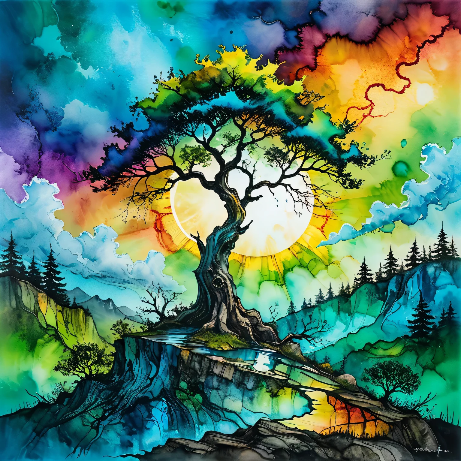 (The art of alcohol ink), the painting is painted with alcohol ink on textured paper and depicts a beautiful minimalistic landscape with a lonely old tree growing on a lonely rock, a tree with a gnarled trunk and a green crown, in the background a rainbow sky and bright sun, beautiful clouds are illuminated in different colors, the painting is made with alcohol ink, the work of a master, clear contours, 32k