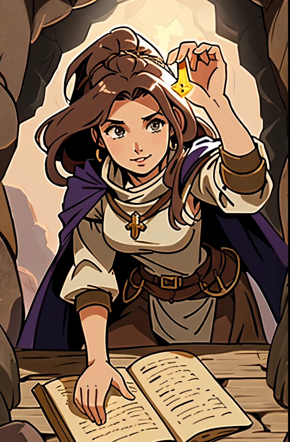 human female, Dungeons and Dragons, caverna escura, segurando tocha, cleric's robes, copos, pele escura, mulher de 30 anos, nariz grande, thick lips, delineador, big eyelashes,