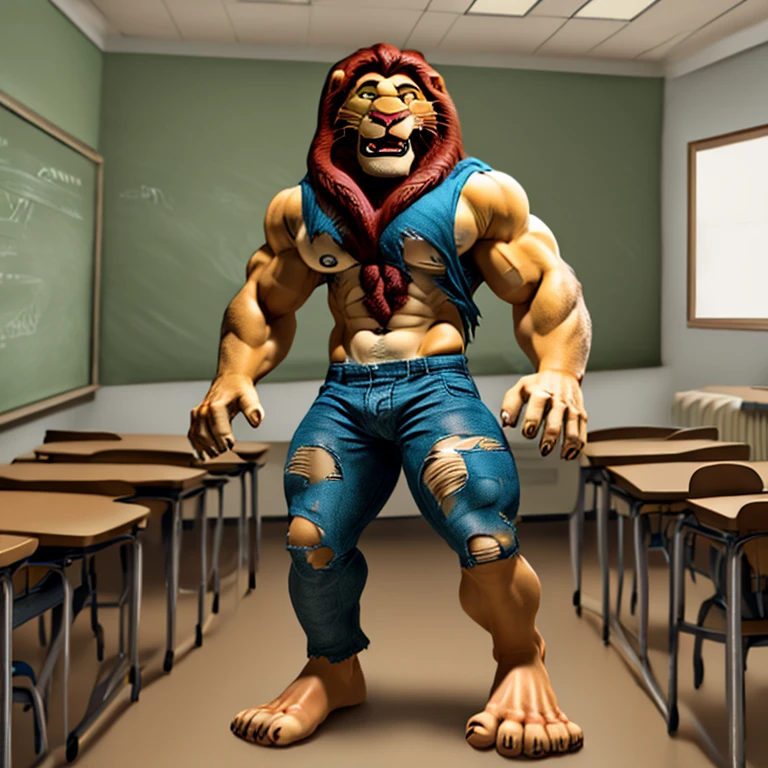 male, anthropomorphic, male, lion, lion tail, muscular, ripped clothes, handsome, ((human)), classroom, standing, surprised, looking at hand, (transforming), (human feet), (human hands), (mid transformation),