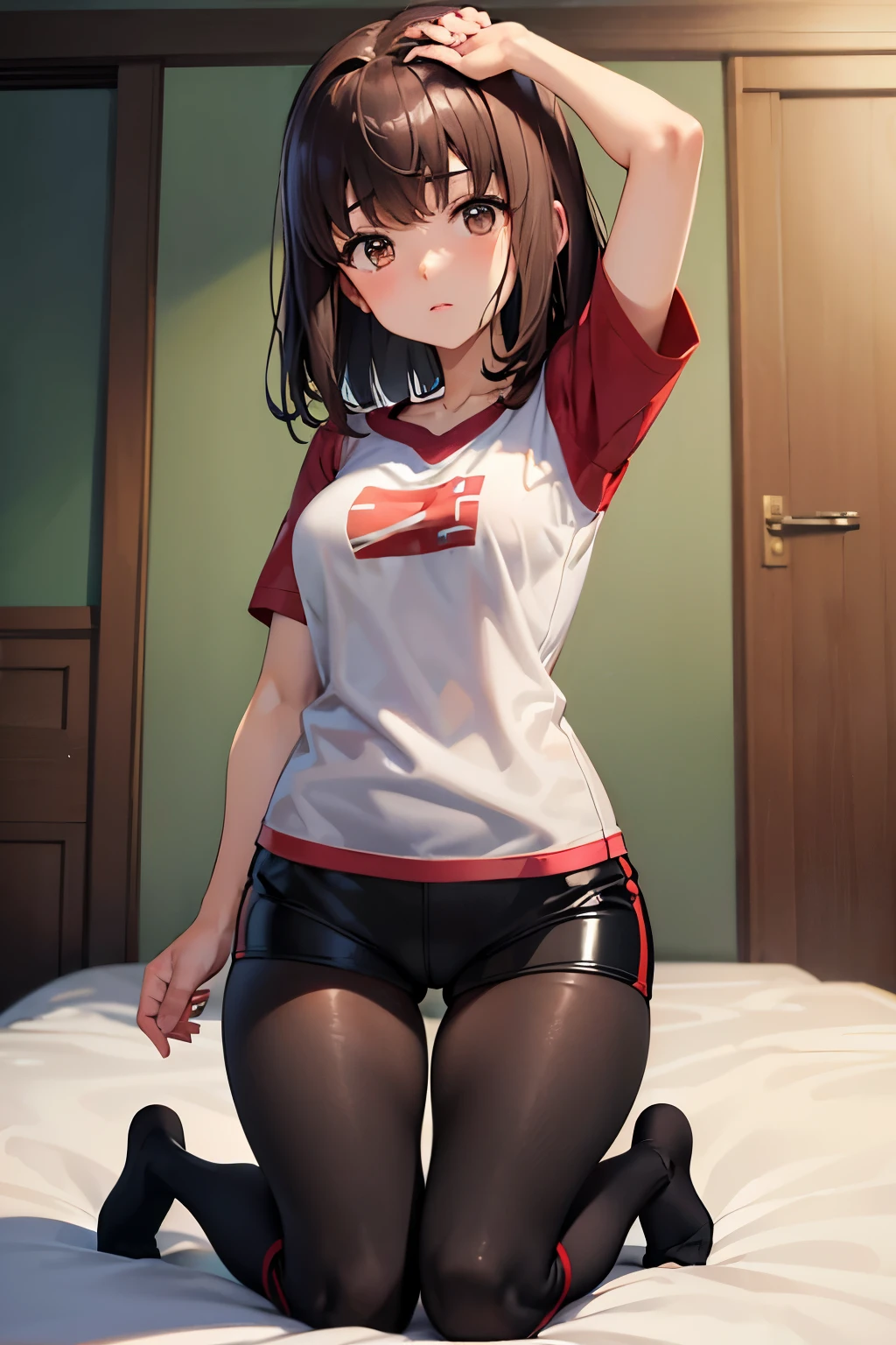 Taeko Kondo、Girls&Panzer、Brown Hair、Short Hair、((Short leggings))、Photo from below、Medium chest、Bedroom、(Gym clothes with short sleeves)、Red ribbon、((Black knee-high socks))、(The whole body gets wet)、Kneeling