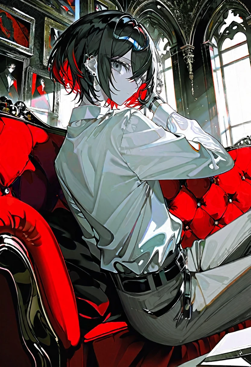 comic style, from above, 1boy, solo, male focus, red couch, earrings, jewelry, black hair, sitting, looking at viewer, short hair, white shirt, closed mouth, belt, black eyes, arms up, long sleeves, hair between eyes, collared shirt, grey pants, indoors