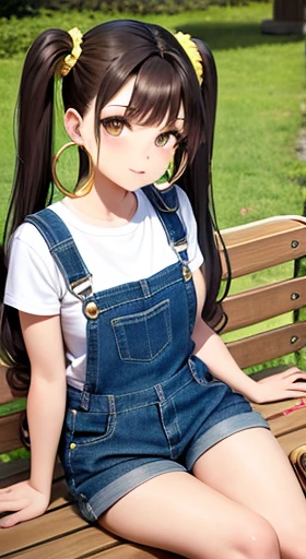 Overlooking,highest quality,Beautiful face in every detail,cute,Dark brown eyes, long curly hair, twin tails, denim overalls, sitting on a bench, in a nearby park, white sneakers, holding phone, wrist scrunchie, gold hoop earrings