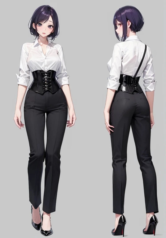 Purple hair,short hair,Adult female,(bartender),((Roll up your shirt sleeves)),(Rolling up the sleeves of his shirt),(corset),slacks,(High heels),((Simple Background)),smile,((whole body)),((full body)),Character Sheet,