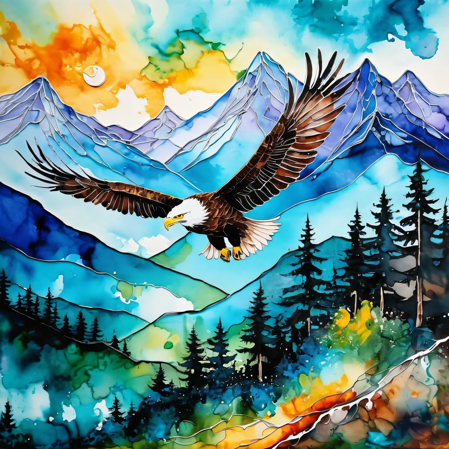 (The art of alcohol ink), the painting is painted with alcohol ink on textured paper and depicts a beautiful mountain landscape with an eagle soaring in the sky, the painting is made with alcohol ink, the work of a master, clear contours, 32k