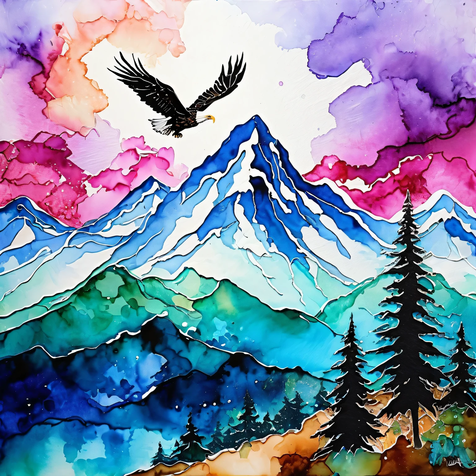 (The art of alcohol ink), the painting is painted with alcohol ink on textured paper and depicts a beautiful mountain landscape with an eagle soaring in the sky, the painting is made with alcohol ink, the work of a master, clear contours, 32k