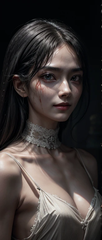 （Rich picture，masterpiece级品质）Exquisite 8K CG works，Practical, 4K, top quality、masterpiece、Ultra-high resolution、(Practical:1.4)、Corpse, sinister, woman, Thin, pale, Looking at the camera, Surreal, Very detailed, cemetery environment, Bright Eyes, White dress torn，Stained with blood, Bones exposed, rotten wound, Sensual, scary, Physical Injury, clavicle fracture, Smile, Ultra Detailed, Eye roll,Shot in the body,  Magic Axe Hair,