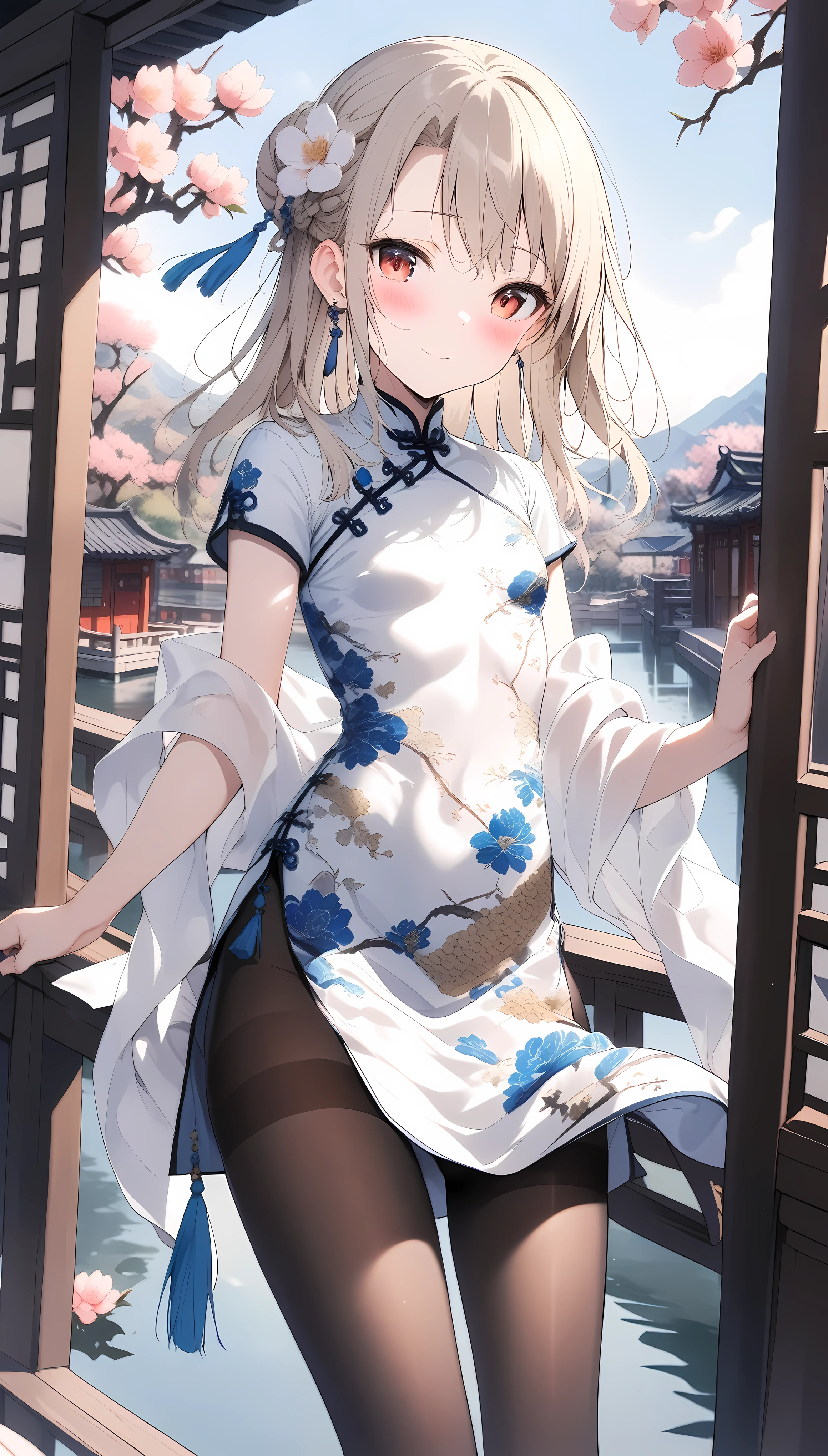 1girl,(illyasviel von einzbern),red_eyes,cream hair,floating hair,(french braid),smile,blush,flower,beautiful detailed_background,small breasts,butterfly,((blue and white porcelain gorgeous qipao,china dress,chinese clothes,dress),gold trim,floral print,(shawl),jewelry,earrings,explicit,flower,general, hair_ornament,peach blossom,long_hair,looking_at_viewer,pantyhose,print dress,solo,thighband pantyhose,questionable,sensitive,solo,tassel,tassel_earrings,(spring),Chinese style architecture, Chinese style, lake, ancient town, beautiful and meticulous water, (Fishing boat), pavilion,steam,Surrounding by falling peach blossoms petals,