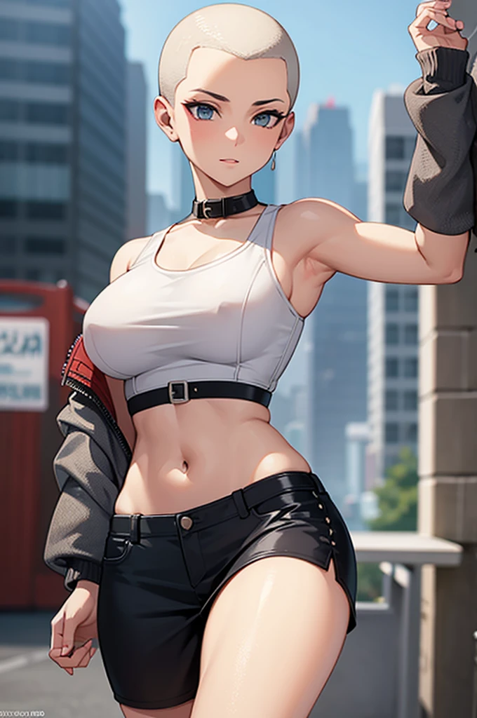 sexy girl, white croptop, buzzcut shaved head hairstyle, fit