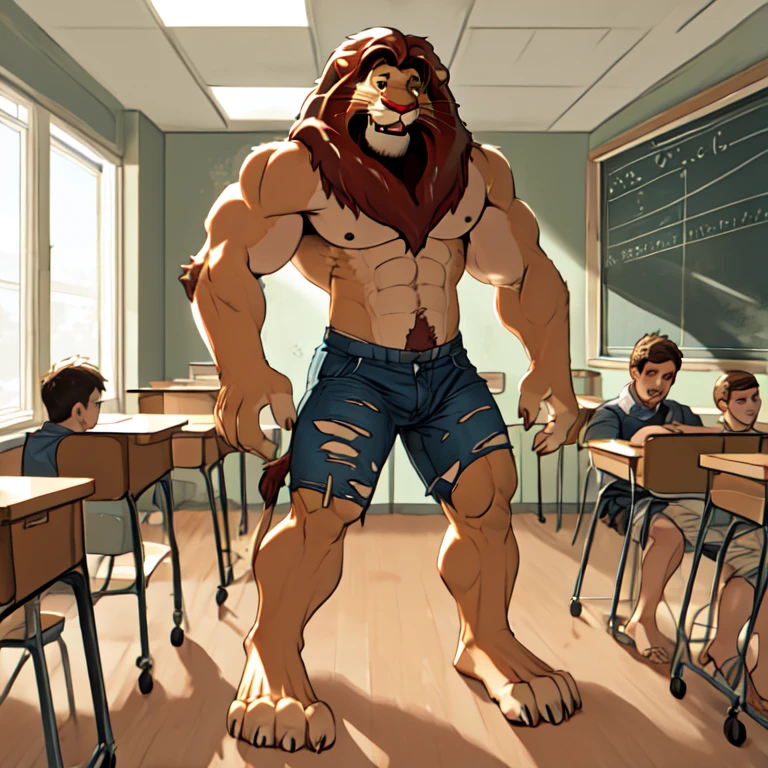 male, anthropomorphic, male, lion, lion tail, muscular, ripped clothes, handsome, ((human)), classroom, standing, surprised, looking at hand, (transforming), (human feet), (human hands), (mid transformation),