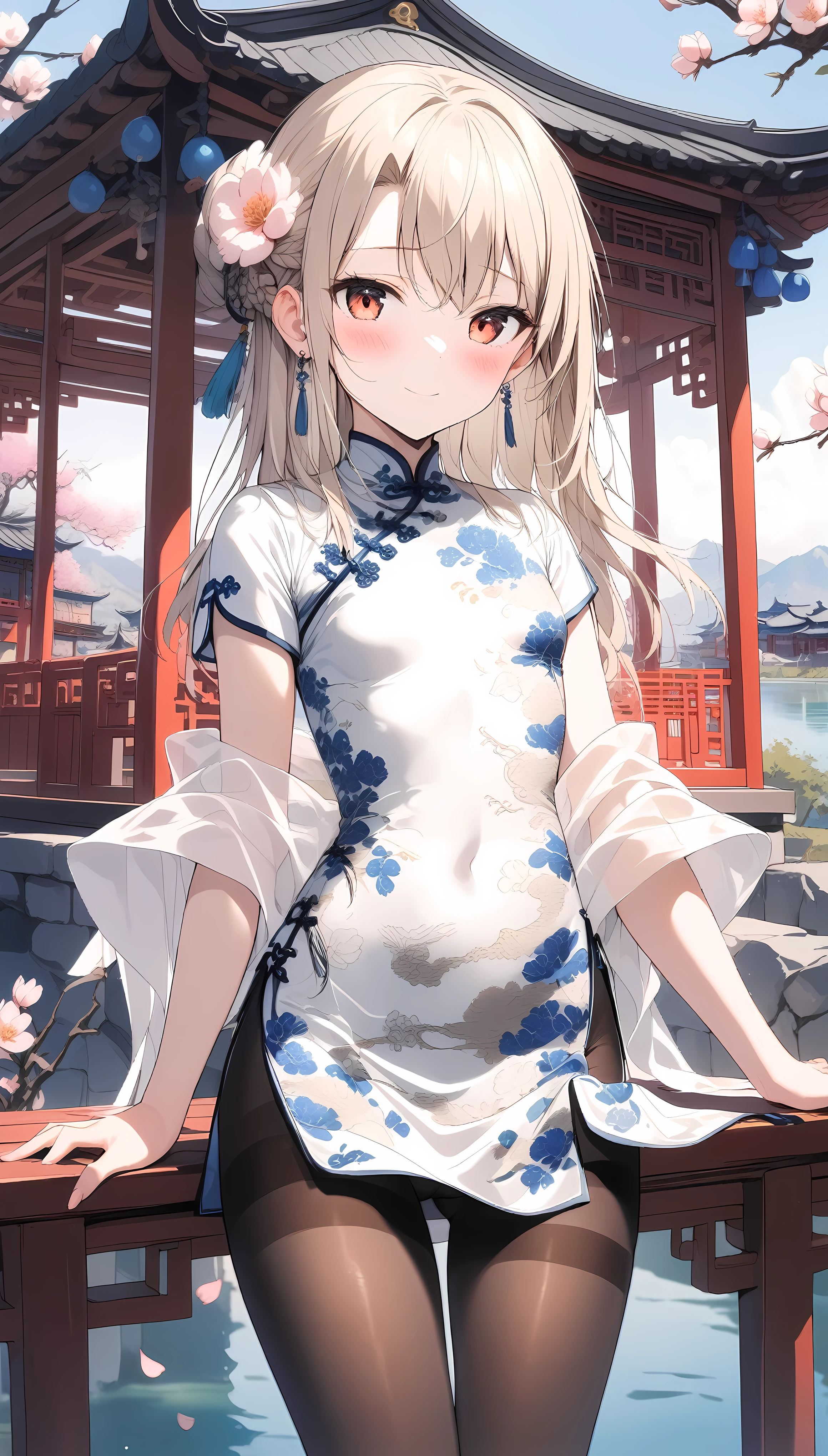 1girl,(illyasviel von einzbern),red_eyes,cream hair,floating hair,(french braid),smile,blush,flower,beautiful detailed_background,small breasts,butterfly,((blue and white porcelain gorgeous qipao,china dress,chinese clothes,dress),gold trim,floral print,(shawl),jewelry,earrings,explicit,flower,general, hair_ornament,peach blossom,long_hair,looking_at_viewer,pantyhose,print dress,solo,thighband pantyhose,questionable,sensitive,solo,tassel,tassel_earrings,(spring),Chinese style architecture, Chinese style, lake, ancient town, beautiful and meticulous water, (Fishing boat), pavilion,steam,Surrounding by falling peach blossoms petals,