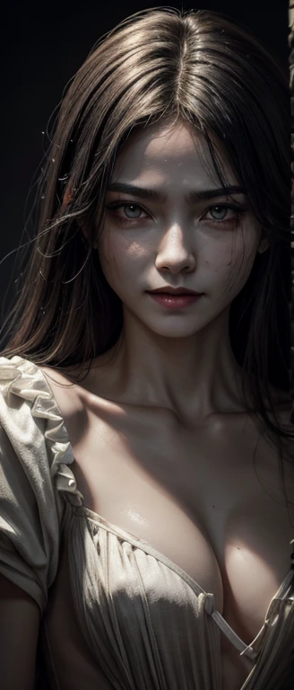 （Rich picture，masterpiece级品质）Exquisite 8K CG works，Practical, 4K, top quality、masterpiece、Ultra-high resolution、(Practical:1.4)、Corpse, sinister, woman, Thin, pale, Looking at the camera, Surreal, Very detailed, cemetery environment, Bright Eyes, White dress torn，Stained with blood, Bones exposed, rotten wound, Sensual, scary, Physical Injury, clavicle fracture, Smile, Ultra Detailed, Eye roll,Shot in the body,  Magic Axe Hair,