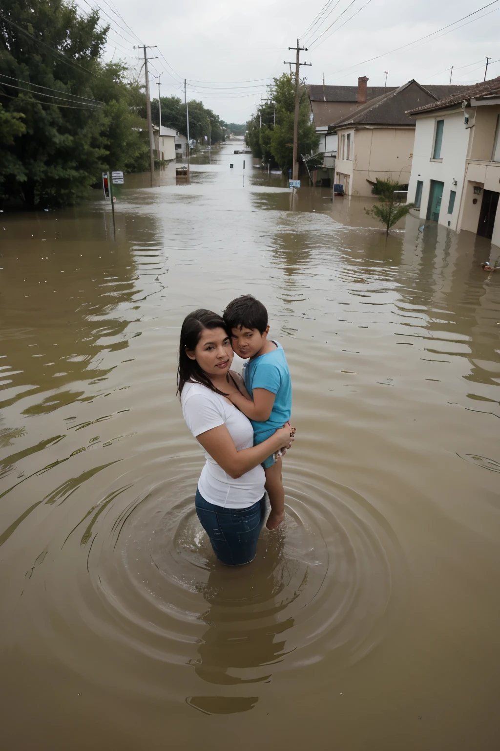 Photograph seen from afar of a mother and her son in the middle of a flood in a rural town, the flooded streets and water up to hip height.