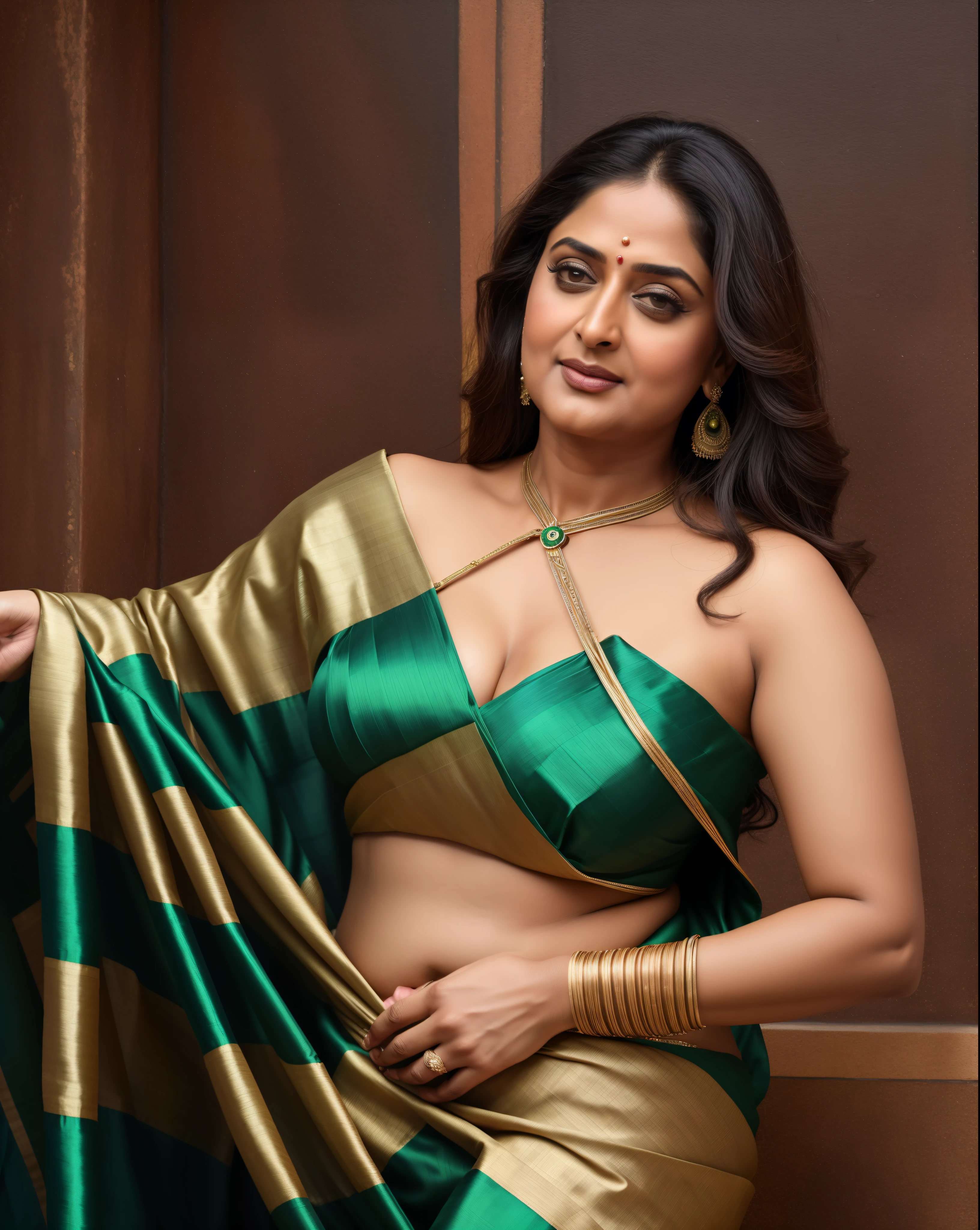 50yo mature MILF Anushka Shetty,((best quality)), ((masterpiece)), ((realistic)), Medusa, full body, the hair composed of countless small snakes, green eyes, female face,metal carved top, royal aura, trend on artstation , sharp focus, studio photo, intricate detail, very detailed, detailed eye, illustration, very detailed, sharp focus, digital render, professional, 4k, low waist saree satin sleeveless saree fashion,, she hates wearing any bra or blouse, thick figure, bulky figure, thick belly,