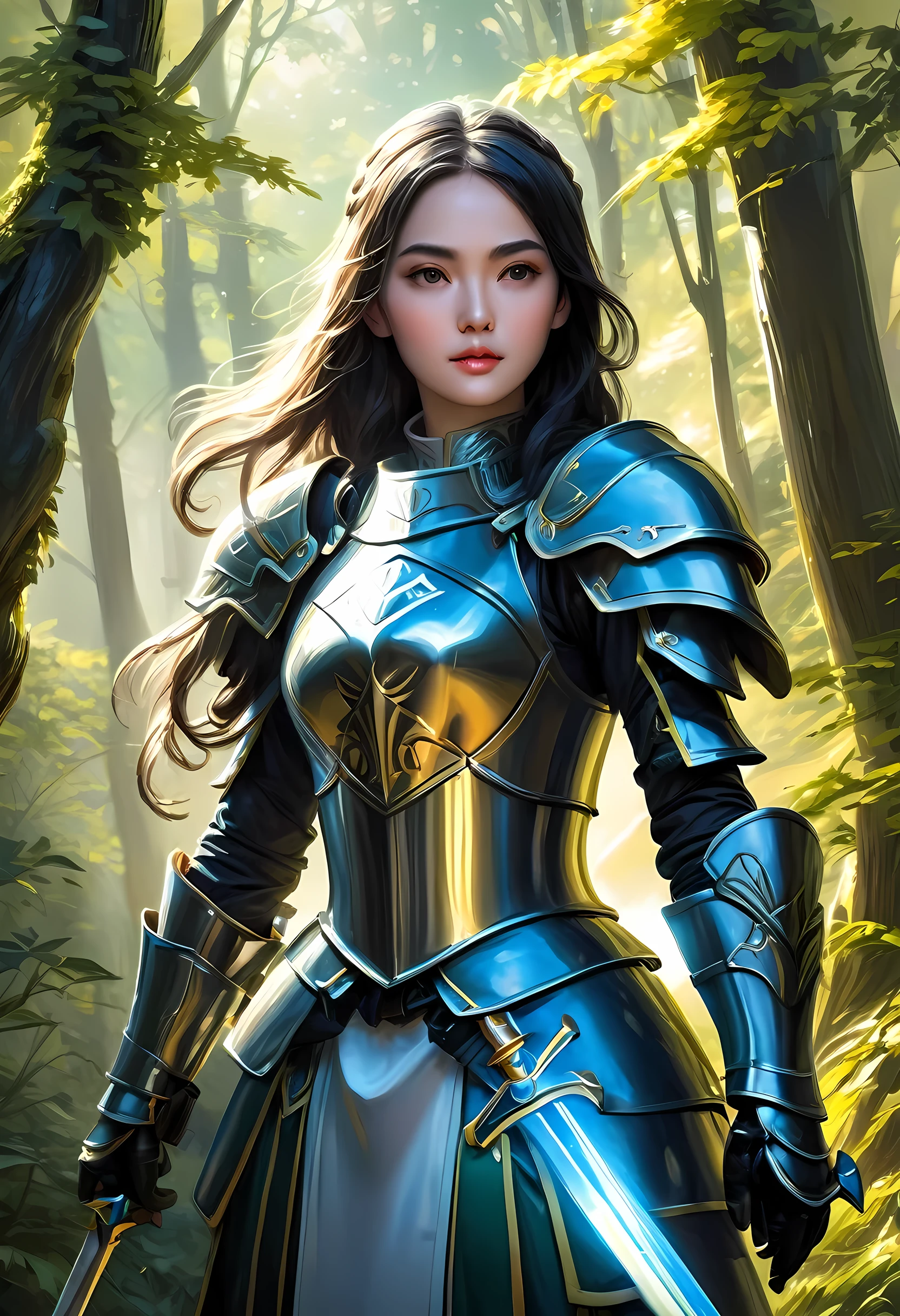 a picture of woman paladin of nature protecting the forest, a woman knight, black hair, long hair, full body (best details, Masterpiece, best quality :1.5), ultra detailed face (best details, Masterpiece, best quality :1.5), ultra feminine (best details, Masterpiece, best quality :1.5), (black hair: 1.2), long hair, braided hair, pale skin, (deep blue: 1.2) eyes, intense eyes, wearying heavy armor, (white armor: 1.2)  (best details, Masterpiece, best quality :1.5), (green cloak: 1.2) , armed with a sword, glowing sword GlowingRunes_yellow, fantasy forest background, D&D art, RPG art, magical atmosphere magic-fantasy-forest, ultra best realistic, best details, best quality, 16k, [ultra detailed], masterpiece, best quality, (extremely detailed), ultra wide shot, photorealism, depth of field, hyper realistic painting, ArmoredDress