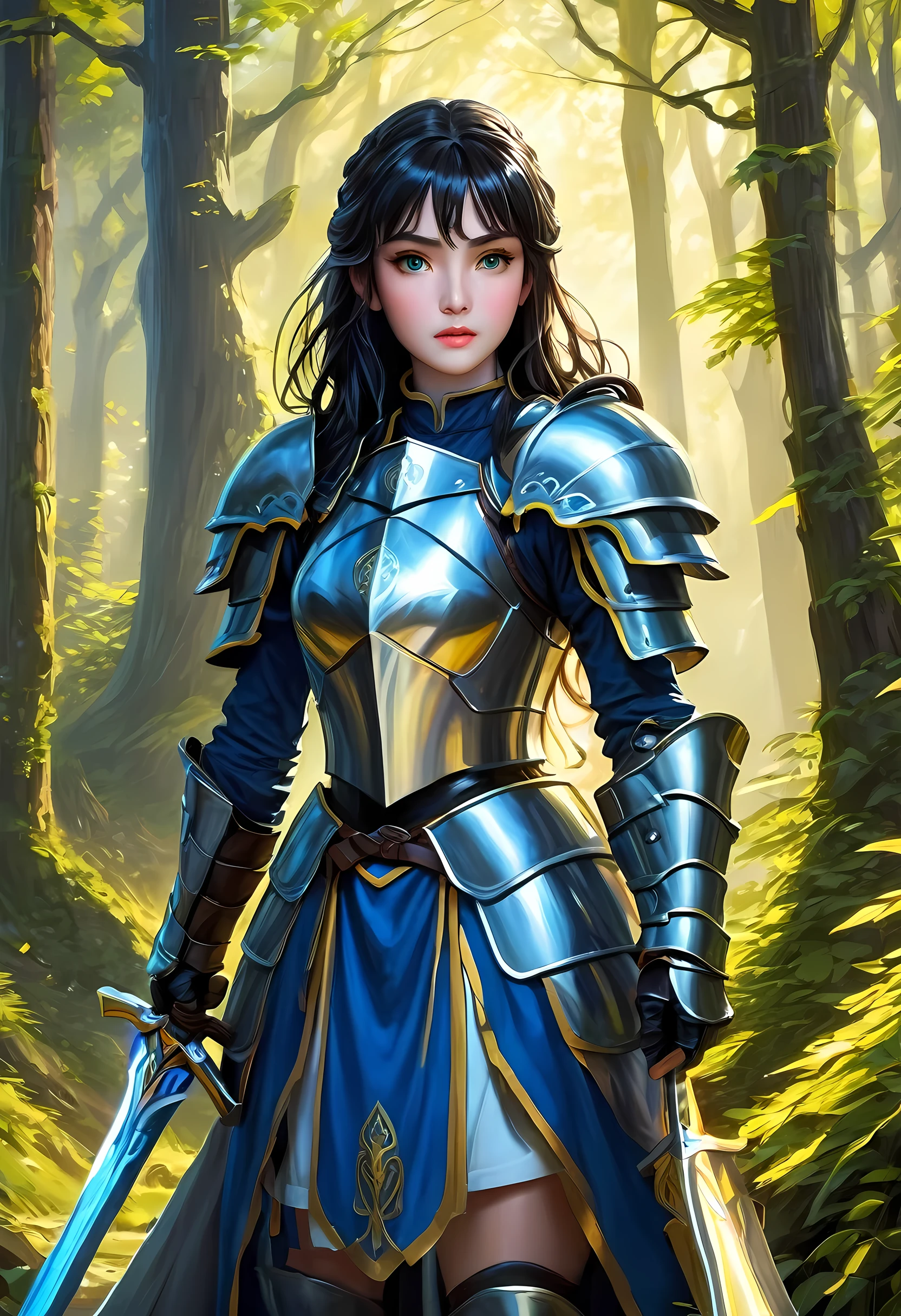 a picture of woman paladin of nature protecting the forest, a woman knight, black hair, long hair, full body (best details, Masterpiece, best quality :1.5), ultra detailed face (best details, Masterpiece, best quality :1.5), ultra feminine (best details, Masterpiece, best quality :1.5), (black hair: 1.2), long hair, braided hair, pale skin, (deep blue: 1.2) eyes, intense eyes, wearying heavy armor, (white armor: 1.2)  (best details, Masterpiece, best quality :1.5), (green cloak: 1.2) , armed with a sword, glowing sword GlowingRunes_yellow, fantasy forest background, D&D art, RPG art, magical atmosphere magic-fantasy-forest, ultra best realistic, best details, best quality, 16k, [ultra detailed], masterpiece, best quality, (extremely detailed), ultra wide shot, photorealism, depth of field, hyper realistic painting, ArmoredDress