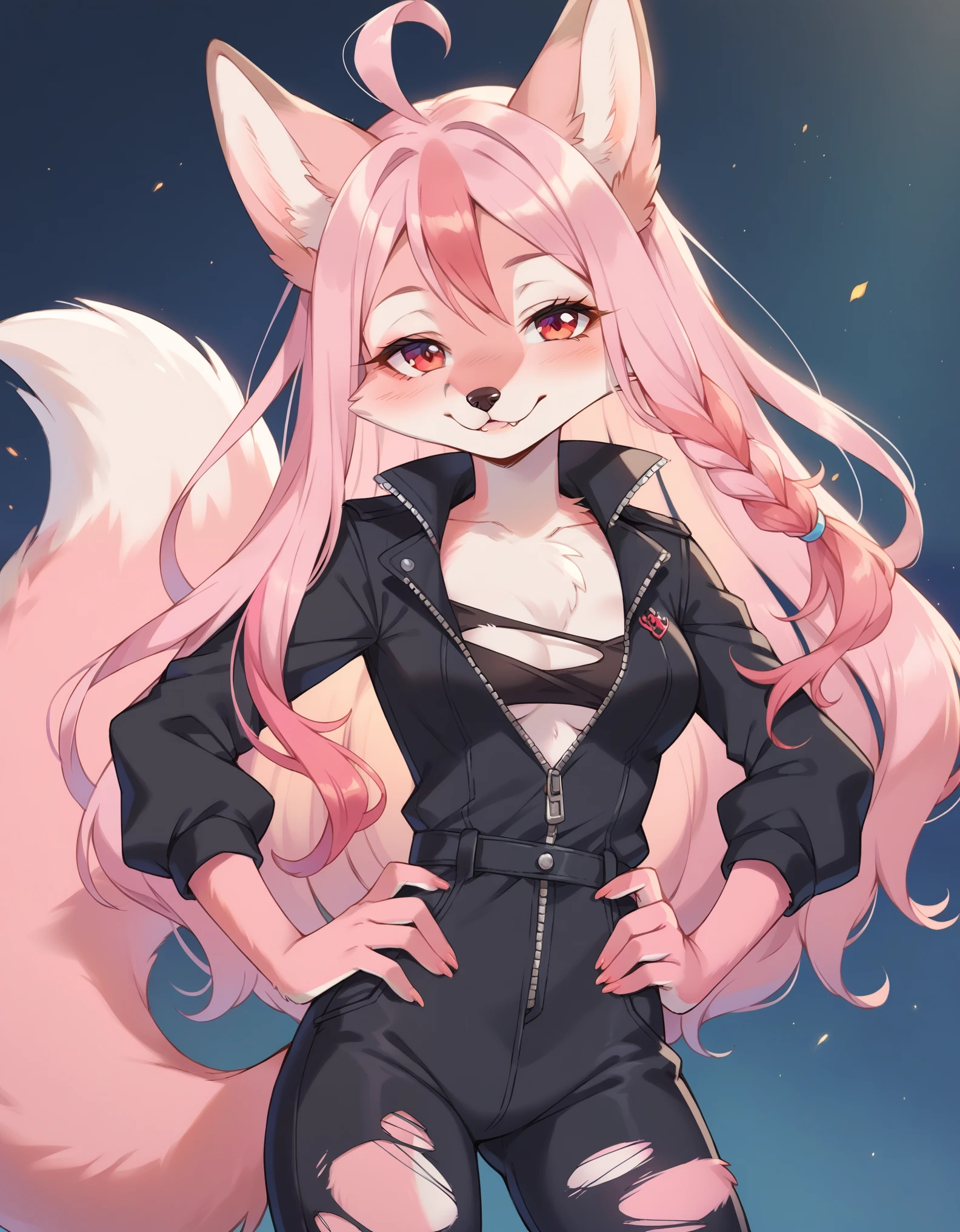 score_9, score_8_up, score_7_up, score_6_up, Furry, Nazuna_hiwatashi, Anthro, Female, Solo, standing, Mocking Look, (half-closed eyes), Pink Hair, Pink Tail, (torn jumpsuit), (red eyes), looking at the viewer, (medium breasts, hands on hips), (fox), (bedroom)