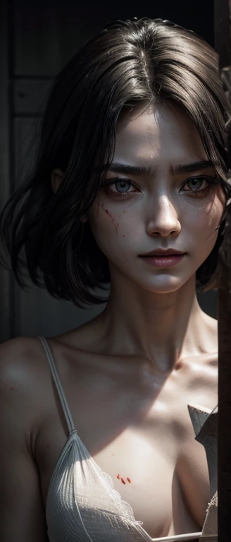 (Rich picture,masterpiece级品质)Exquisite 8K CG works,Practical, 4K, top quality、masterpiece、Ultra-high resolution、(Practical:1.4)、Corpse, sinister, woman, Thin, pale, Looking at the camera, Surreal, Very detailed, cemetery environment, Bright Eyes, The white bikini is torn,Stained with blood, Bones exposed, rotten wound, Sensual, scary, Physical Injury, clavicle fracture, Smile, Ultra Detailed, Eye roll,Shot in the body, Magic Axe Hair,