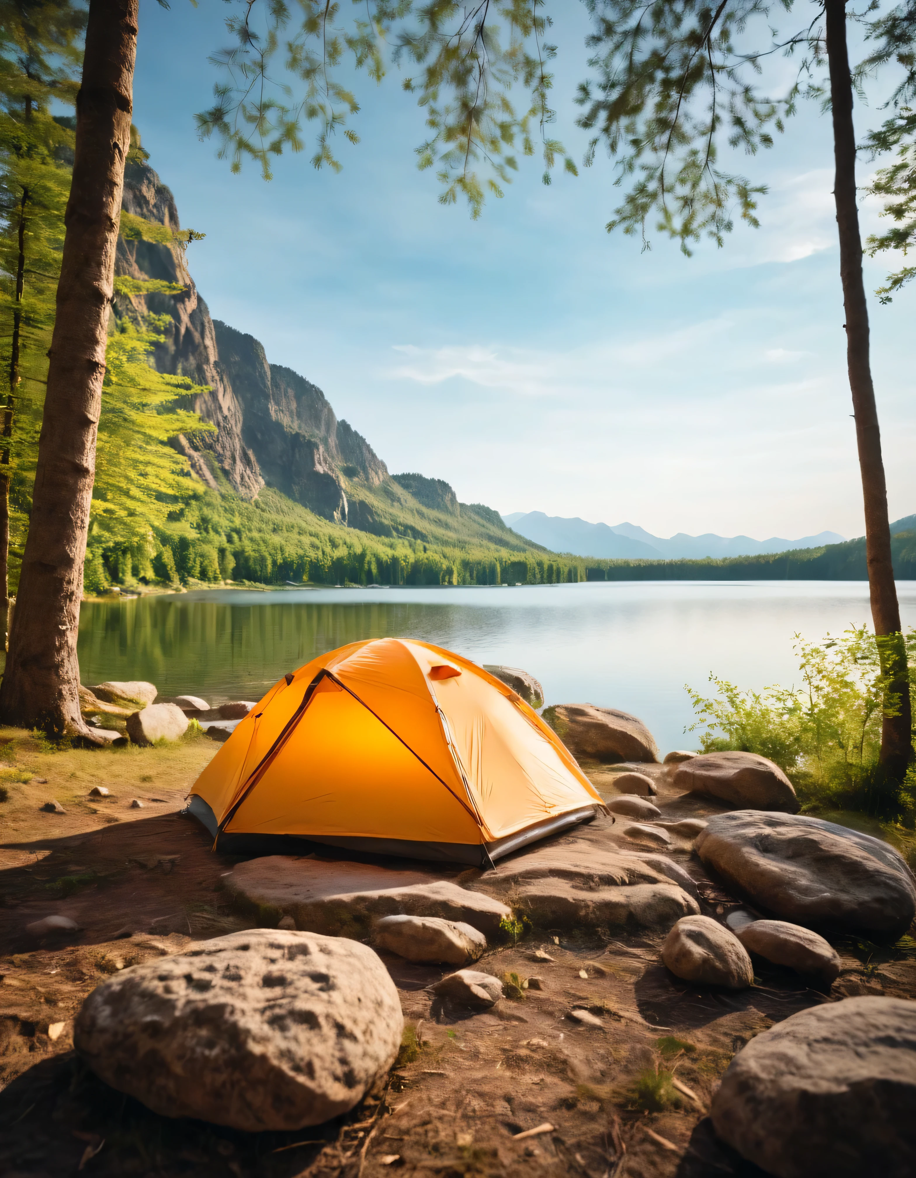 there is a tent pitched up on a rock by a lake, setting in nature, warm beautiful scene, peaceful environment, stunning nature in background, camping, all in the amazing outdoors view, beautiful environment, beautiful place, relaxing environment, peaceful atmosphere, beautiful detailed scene, very beautiful scenery, majestic nature scenery, peaceful and serene, beautiful nature, very very very beautiful scenery