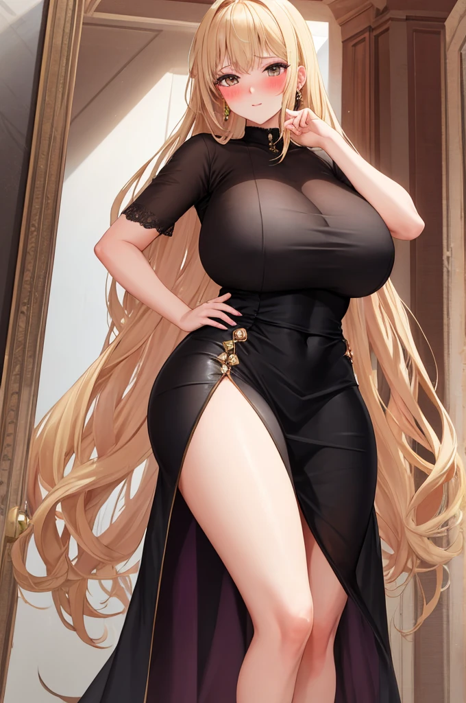 A woman with big ,(Gorgeous woman),Gorgeous little dress,Long blond hair,Exquisite,(Blush:1.2),Slender legs,