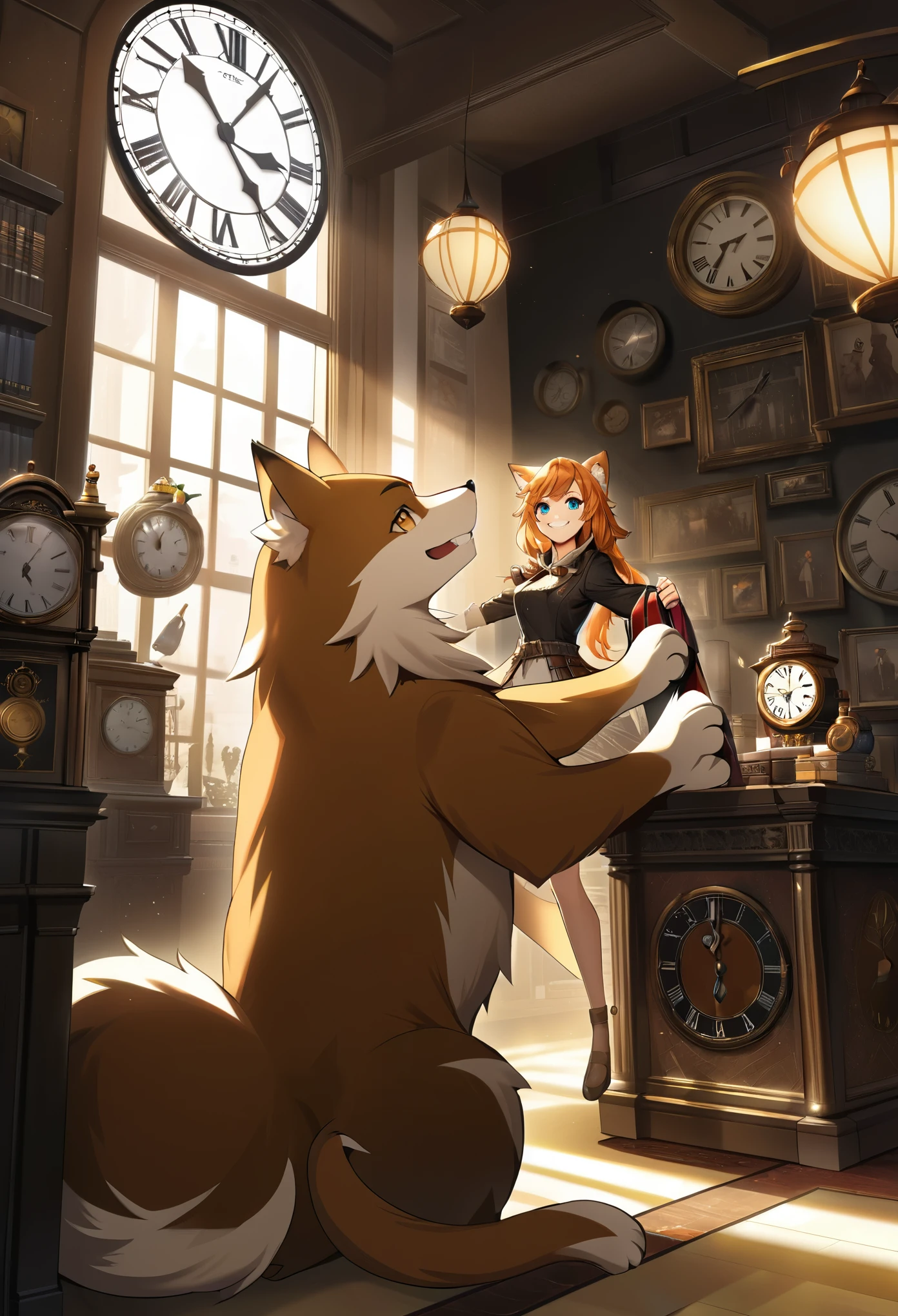 cover page, highres, top quality, best quality, paid reward available, unparalleled masterpiece, perfect artwork, absurdres, High-quality illustrations, super high resolution, detailed background, perfect anatomy(1girl, kemono, furry anthro, fearless smile, reach for the clock) in room with clock, fantasy artwork, cinematic lighting, Backlight,