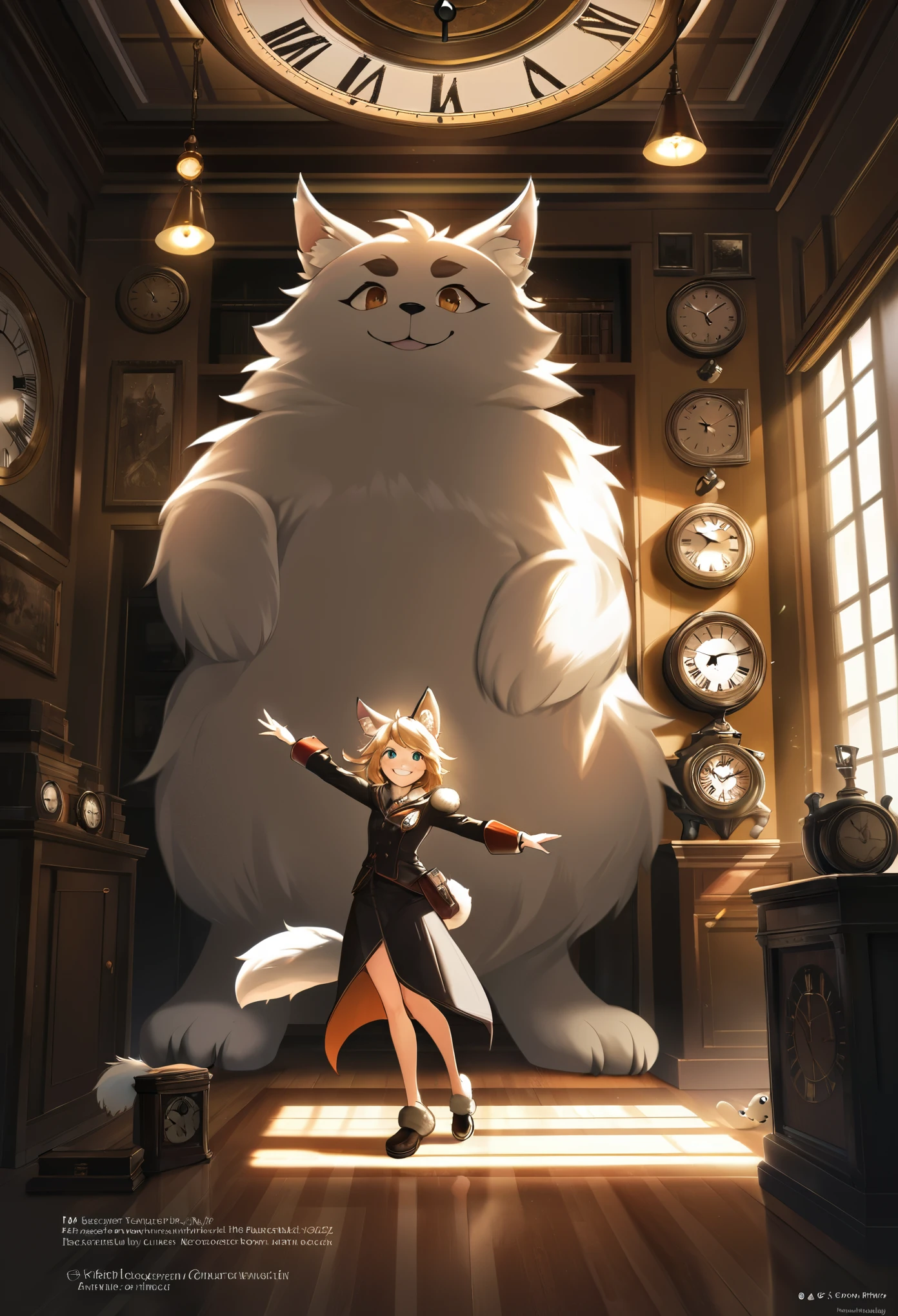 cover page, highres, top quality, best quality, paid reward available, unparalleled masterpiece, perfect artwork, absurdres, High-quality illustrations, super high resolution, detailed background, perfect anatomy(1girl, kemono, furry anthro, fearless smile, reach for the clock) in room with clock, fantasy artwork, cinematic lighting, Backlight,