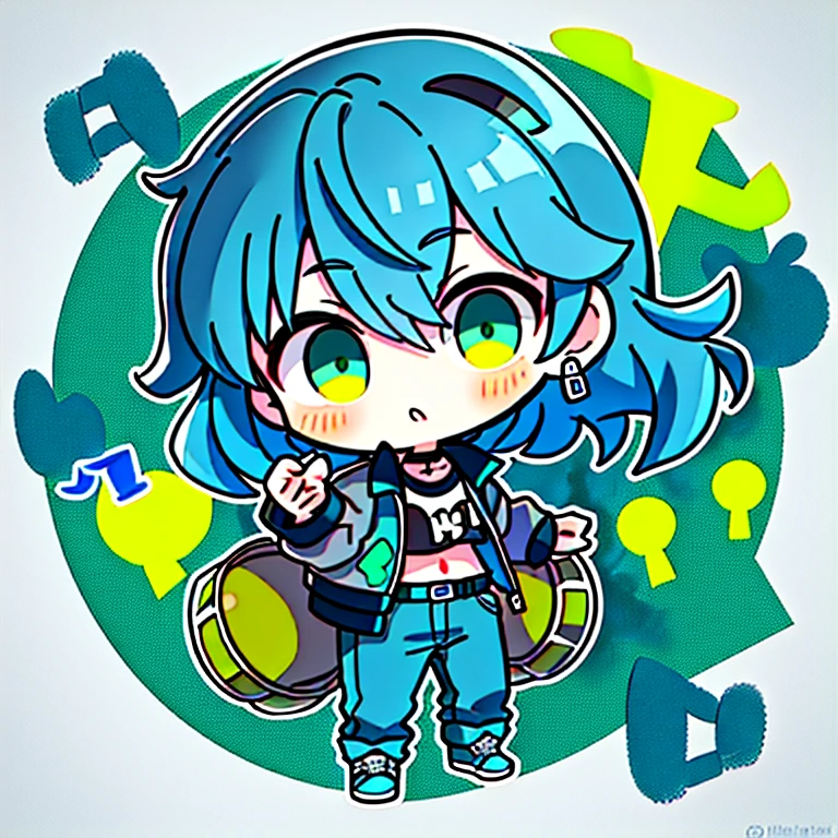 masterpiece, 1boy, dark blue hair, highlight blue hair, green eyes, black headphones, blue jacket, middle school age, immature, yellow shoes, blue pants, black hand bands, white shirt, chibi, play drum, drum, music
