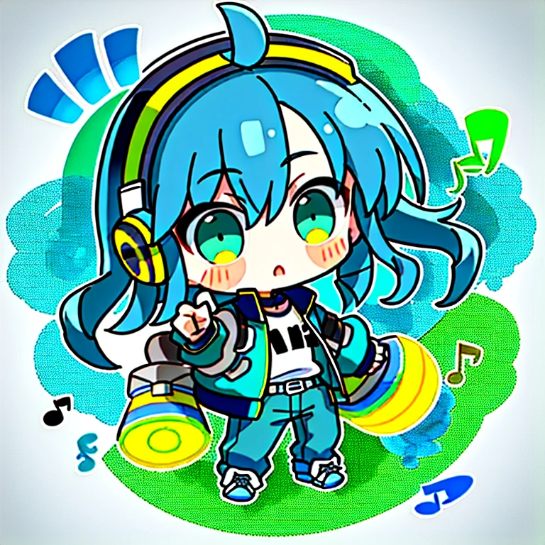 masterpiece, 1boy, dark blue hair, highlight blue hair, green eyes, black headphones, blue jacket, middle school age, immature, yellow shoes, blue pants, black hand bands, white shirt, chibi, play drum, drum, music