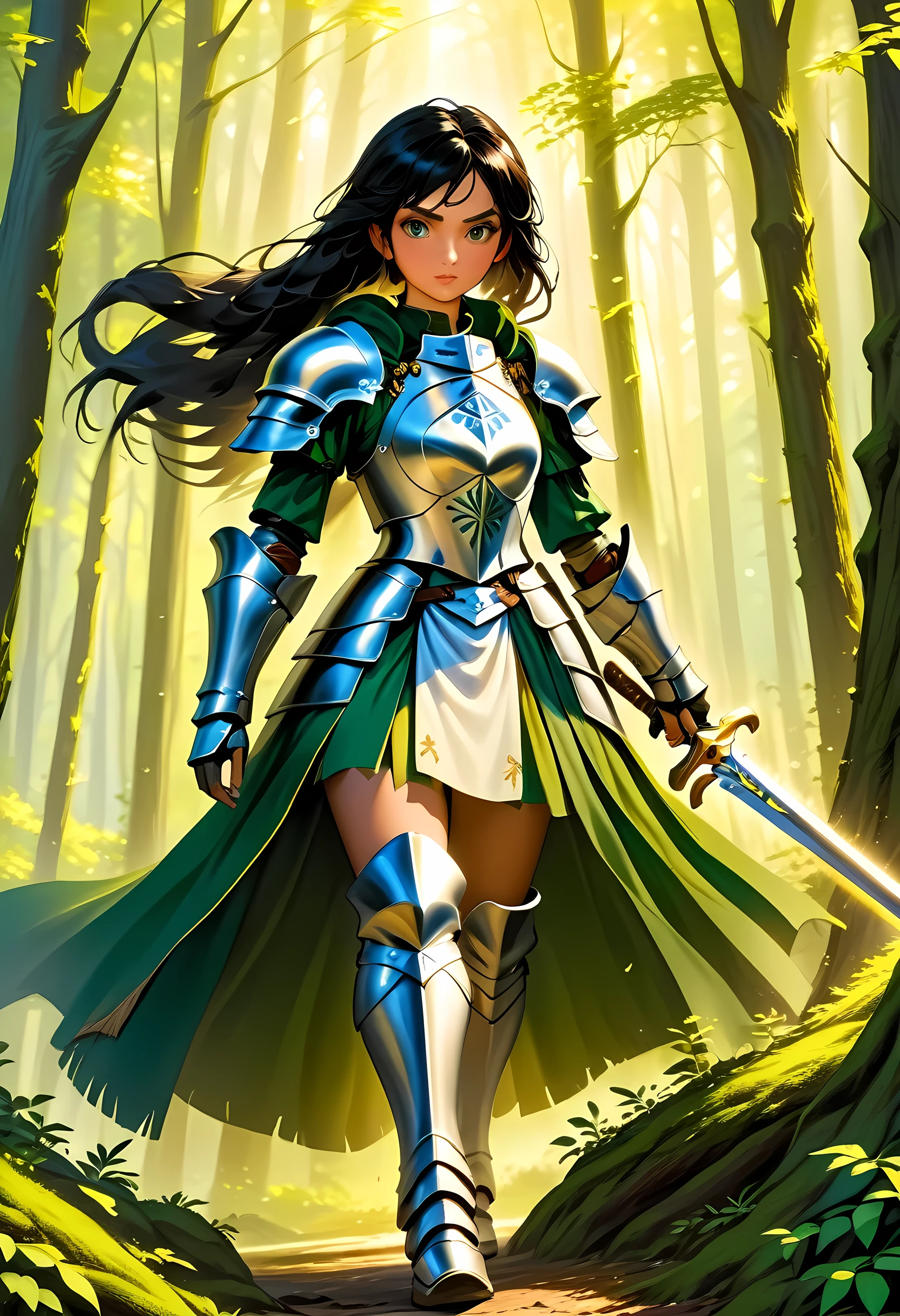 a picture of woman paladin of nature protecting the forest, a woman knight, black hair, long hair, full body (best details, Masterpiece, best quality :1.5), ultra detailed face (best details, Masterpiece, best quality :1.5), ultra feminine (best details, Masterpiece, best quality :1.5), (black hair: 1.2), long hair, braided hair, pale skin, (deep blue: 1.2) eyes, intense eyes, wearying heavy armor, (white armor: 1.2)  (best details, Masterpiece, best quality :1.5), (green cloak: 1.2) , armed with a sword, glowing sword GlowingRunes_yellow, fantasy forest background, D&D art, RPG art, magical atmosphere magic-fantasy-forest, ultra best realistic, best details, best quality, 16k, [ultra detailed], masterpiece, best quality, (extremely detailed), ultra wide shot, photorealism, depth of field, hyper realistic painting, ArmoredDress