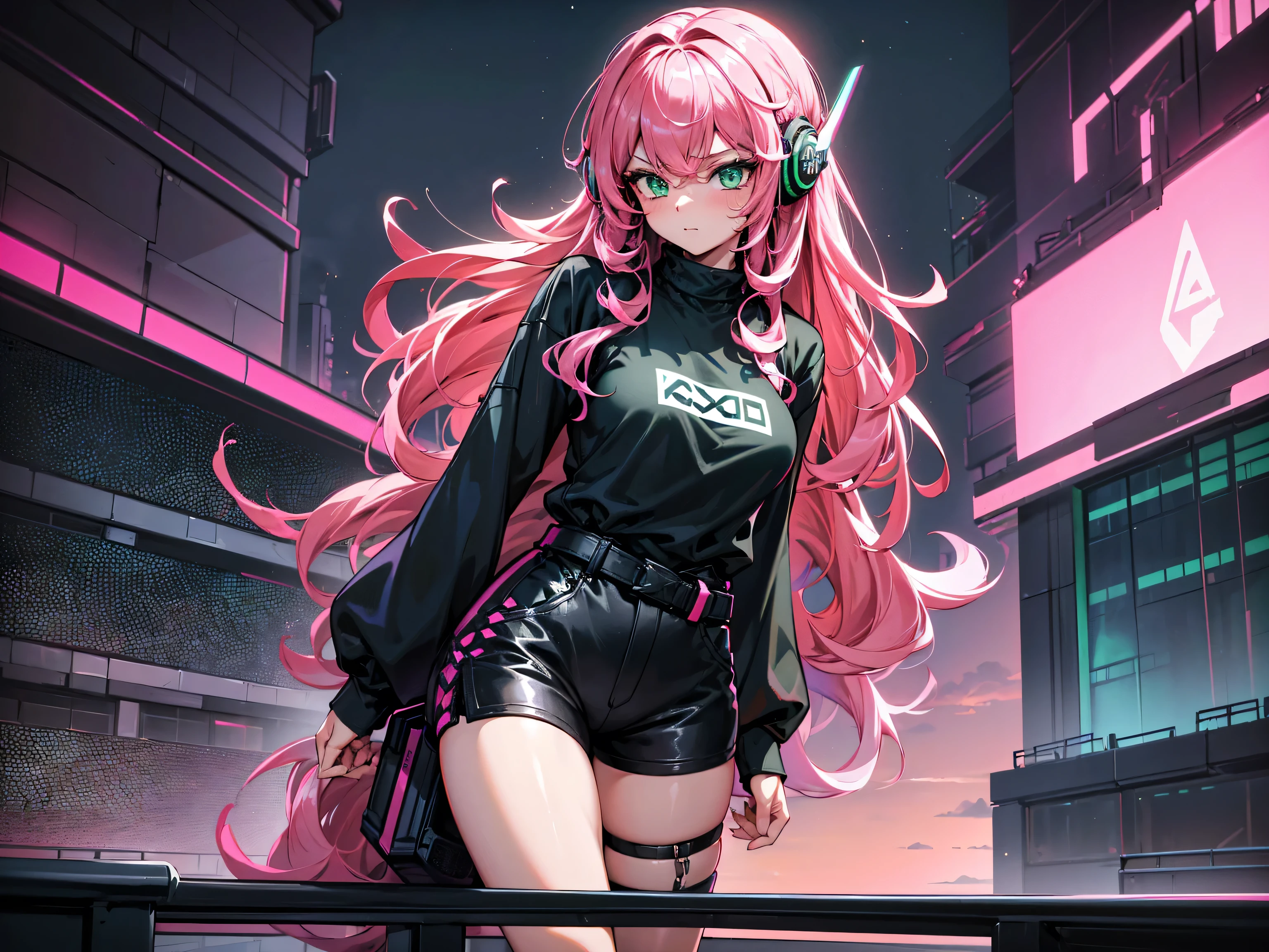 masterpiece:1.4, 1girl ((20year old, dressed in long sleeve shirt, tight black shorts, sneakers, medium breasts, multicolor pink hair, curly long hair, green eyes:1.4, Wearing headphones, standing on a balcony:1.1 tall sci-fi buildings in background:1.1, neon and energetic atmosphere:1.2)) ((sunset)) ((low camera angle, ground view)) ((solo:1.6))