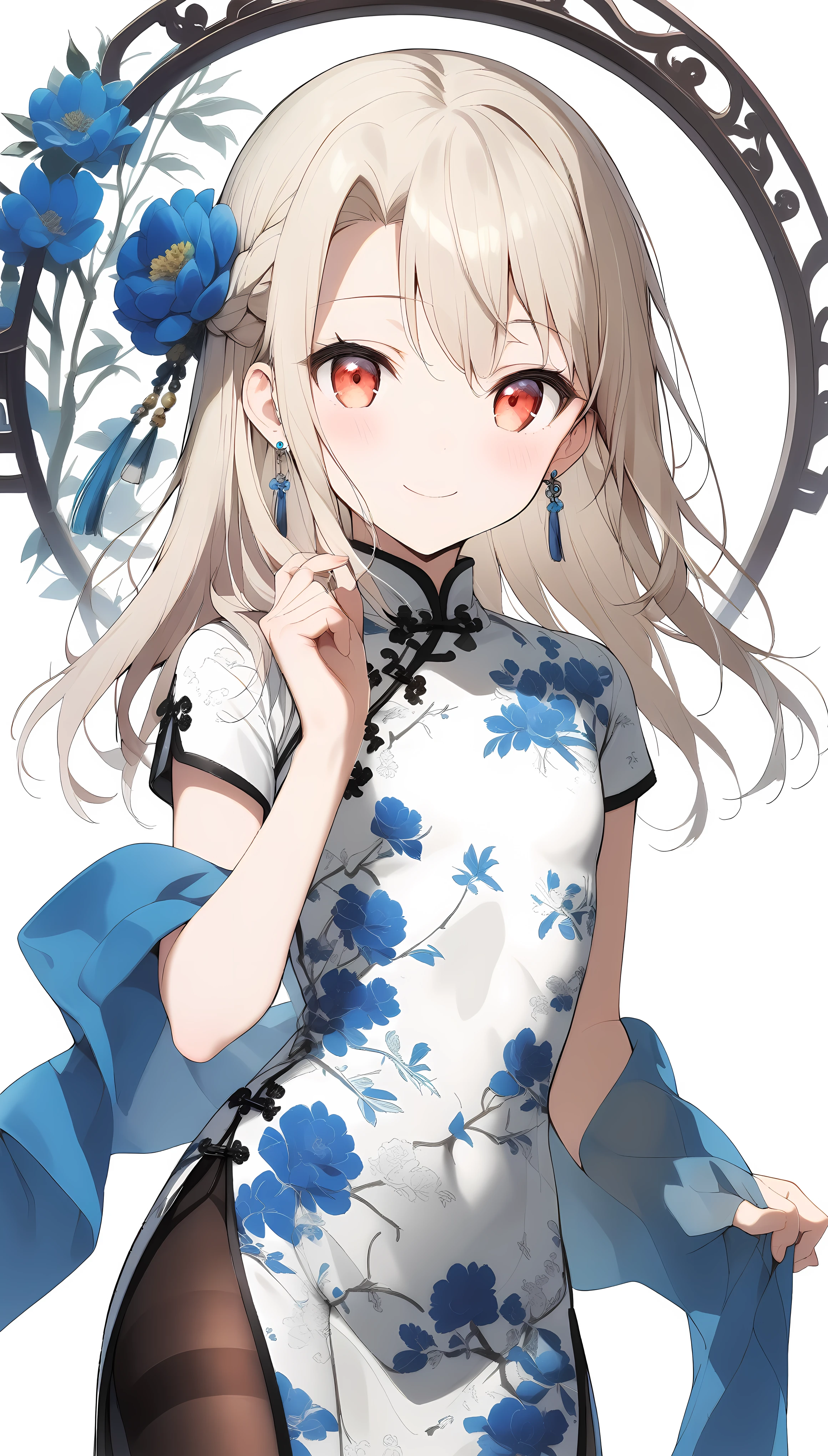 qipao,solo,1girl,(illyasviel von einzbern),red_eyes,cream hair,(french braid),smile,blue flower,breasts,china dress,chinese clothes,dress,shawl,earrings,floral print,hand up,long hair,looking at viewer,pantyhose,print dress,simple background,smile,solo,white background