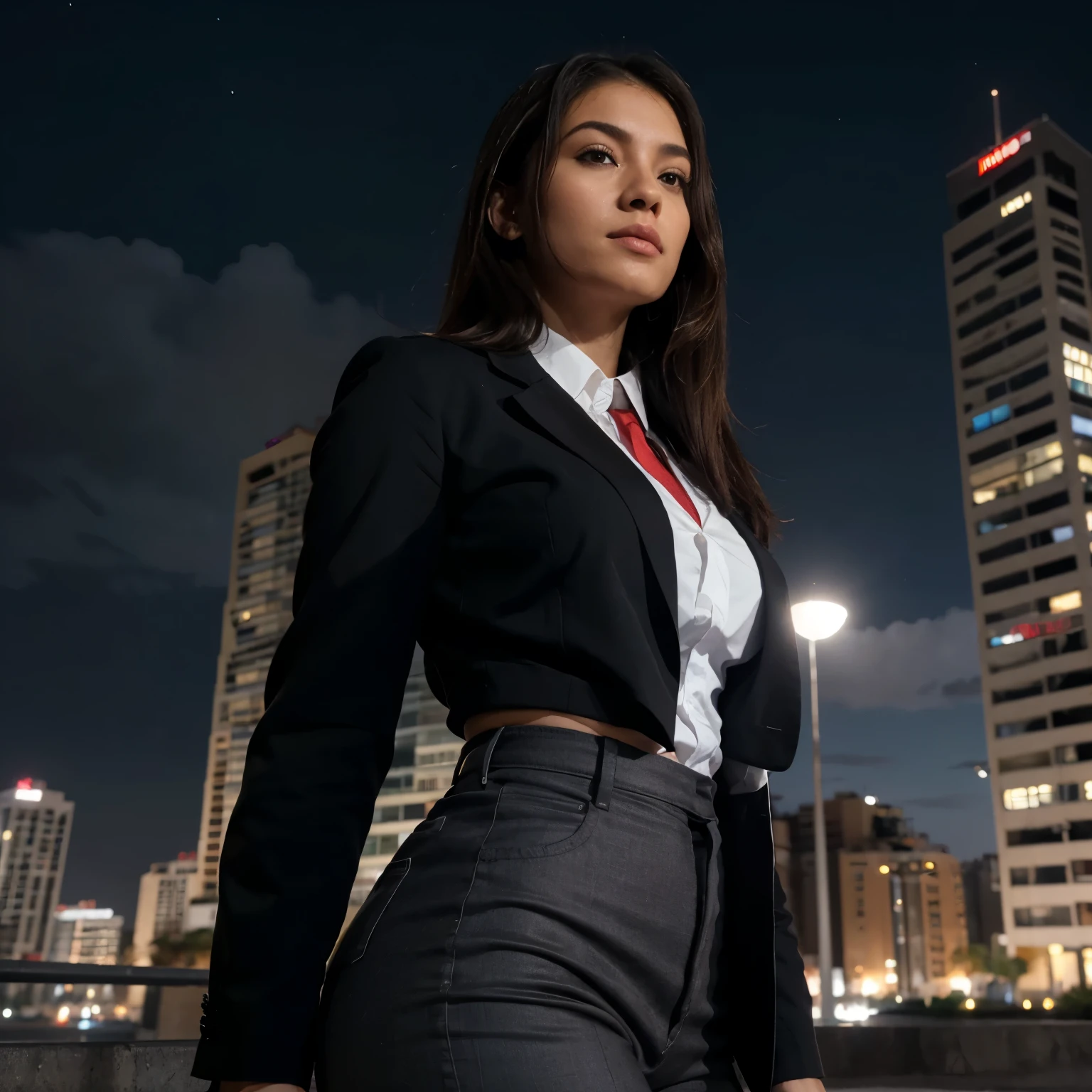 (alta calidad, 8k, 4k, alto contraste, Obra maestra:1.2, high quality, mejor estetica), (dynamic angle), colegiala sexy, rostro y cuerpo detallados, Hermosos pechos, confident expression, (rubio, cabello largo y liso), Cabello brillante ondeando al viento, Blazer negro, Camisa blanca y corbata roja, mini falda, vista superior, dynamic pose, Mirando hacia el cielo nocturno, dutch angle, Reinforced concrete construction, Techo, with the cityscape as a backdrop, perspectiva correcta, Noche, vista nocturna,