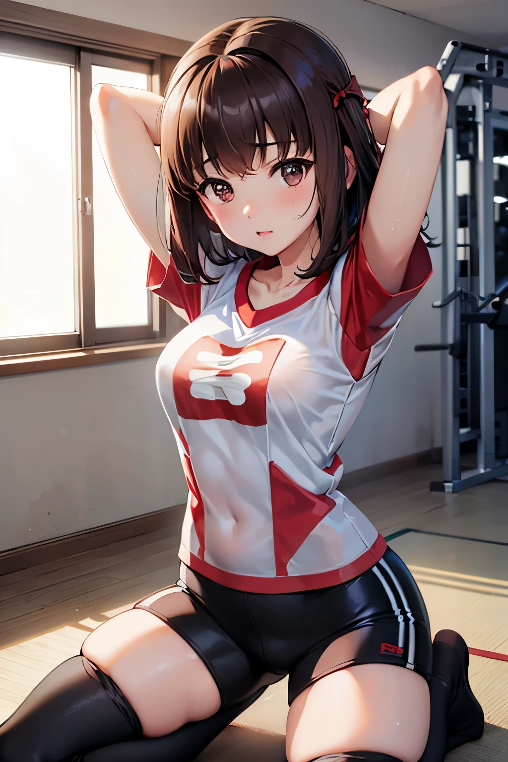 Taeko Kondo、Girls&Panzer、Brown Hair、Short Hair、((Short leggings))、Photo from below、Medium chest、Bedroom、(Gym clothes with short sleeves)、Red ribbon、((Black knee-high socks))、(The whole body gets wet)、Kneeling