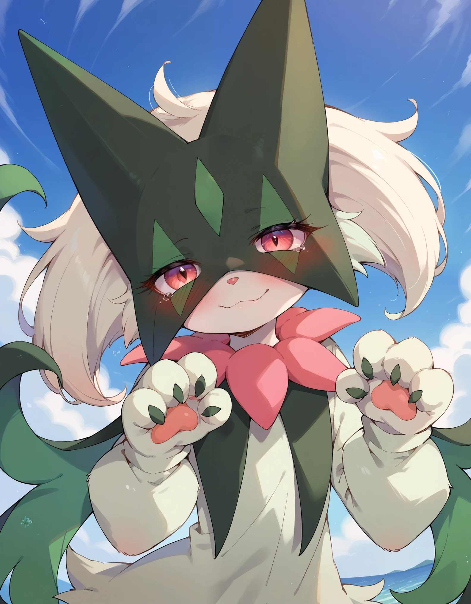 score_9, score_8_up, score_7_up, score_6_up, Meow Scarada,Solo,pokemon,Masterpieces,High Detail,blush,s whole body,Smile,(face covered in brass:1.2),cute style,shota,paw pose,