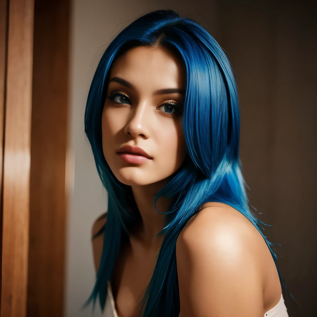 Chica hermosa, Brazilian model, 21-year-old, electric blue hair model, mirando a la camara, mujer de rostro hermoso, mujer de cabello largo, 