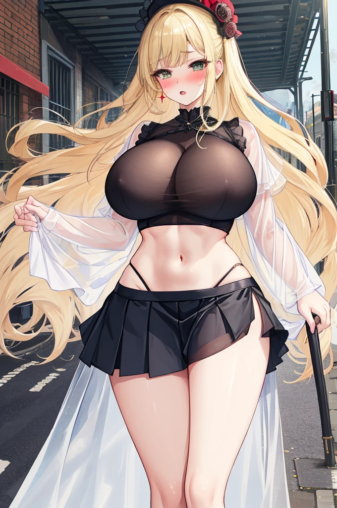 A woman with big ,(Gorgeous woman),ahegao,Victorian style,Flowing fabric,Short skirt,Long blond hair,((See-through clothes)),Showing belly,Slim waist,(Blush:1.2),Long legs,hip bone,On the streets of London,