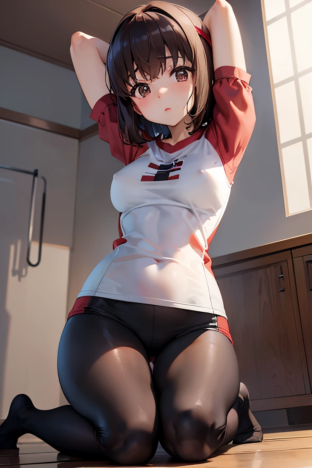 Taeko Kondo、Girls&Panzer、Brown Hair、Short Hair、((Short leggings))、Photo from below、Medium chest、Bedroom、(Gym clothes with short sleeves)、Red ribbon、((Black knee-high socks))、(The whole body gets wet)、Kneeling