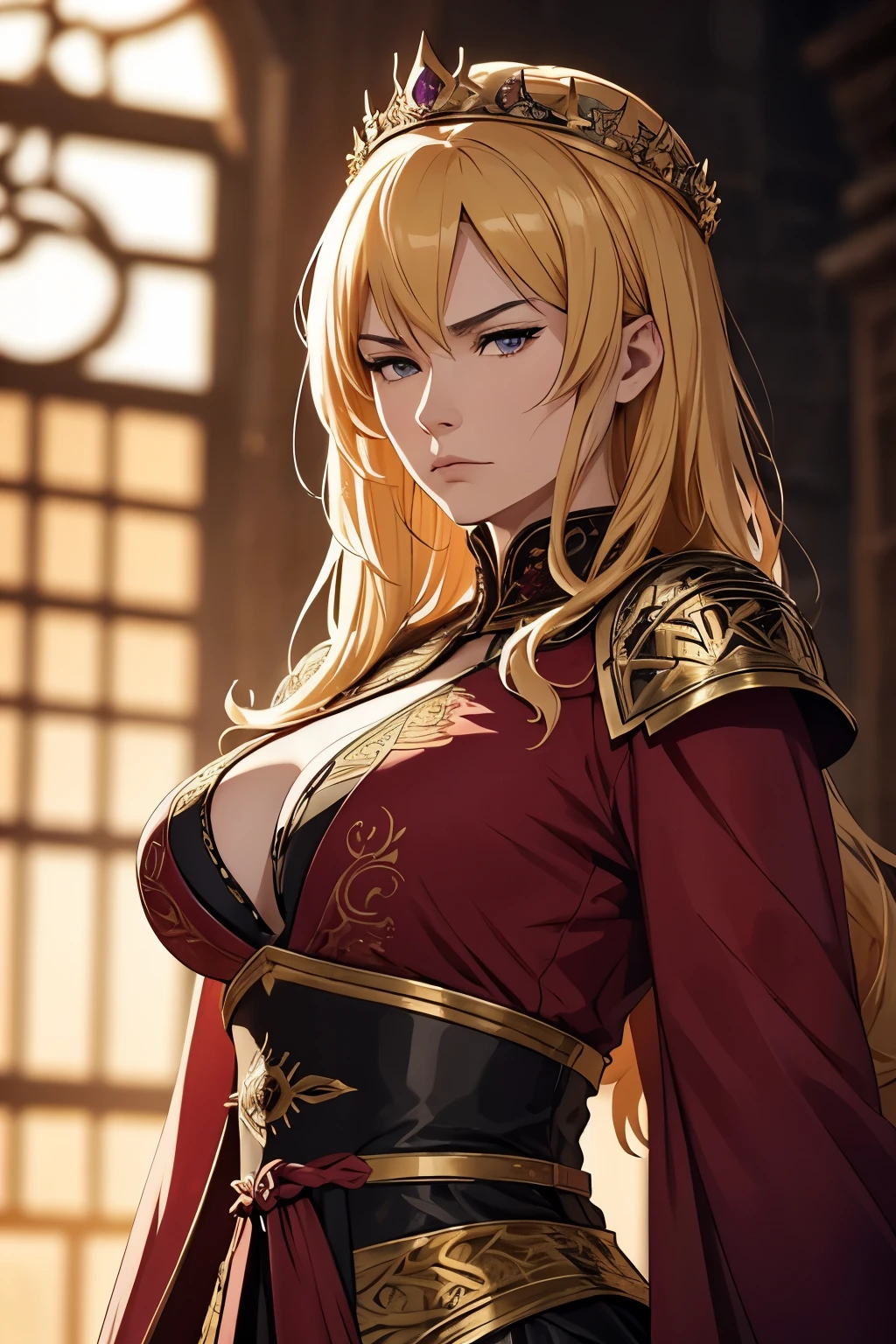 Cersei Lannister, as an anime character, brilliantly depicted with intricate details from the Game of Thrones series. her highly detailed attire, consisting of a majestic robe, shimmering with golden threads, accentuates her regal demeanor. The anatomy is portrayed with utmost accuracy, showcasing every curve and line of her body, conveying her stern and calculating nature. The cinematic color grading sets the scene, with hues of deep purple and harsh reds, reflecting her power and dominance. A shallow depth of field keeps the focus solely on Cersei, while the background is blurred with beautiful bokeh, enhancing the