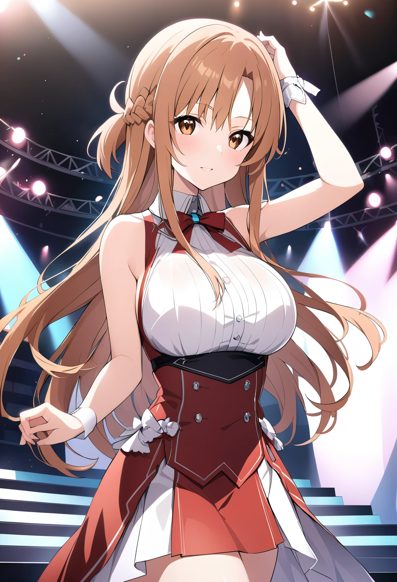 yuuki asuna, brown eyes, brown hair, long hair, bangs, braid,　Live Stage, Big Breasts, formal dress　solo