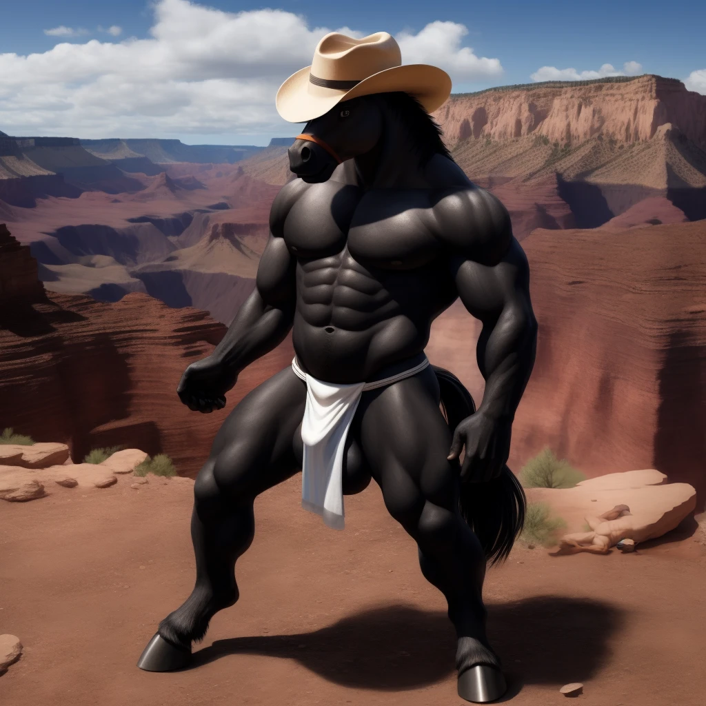 Furry, Antro, Male, [Horse color Negro Oscuro Black] , Horse Tail, [Fundoshi Bulto Male Big], [Fundoshi BLANCO], loincloth, Solo, De Pie, [Bulto Male Big], Hooves , (Big Balls), Detallado 4k, cuerpo completo, cuerpo furry Marron dark, Grand Canyon background , pupil Eyes blue, Alta resolucion, hermoso, Furry Torso Peludo, cowboy hat