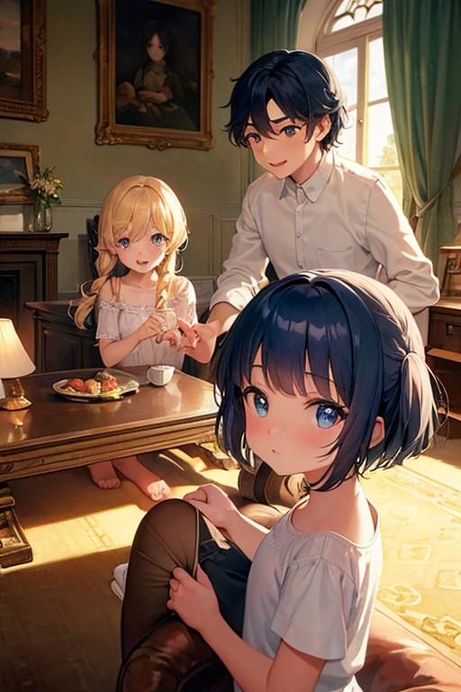 (Obra maestra:1.2), Mejor calidad, (illustration:1.2), (ultra detallado), hiper detalles, (delicado detallado), (detalles intrincados), (cinematic light, Mejor calidad Backlights), A warmly lit (((watercolor living room))), featuring a cozy atmosphere, with a (((classic oil painting))) capturing a joyful Parisian family of five. The mom is portrayed with striking cobalt blue hair styled in a classic high-pony, framing front bangs and soft blue eyes, while the dad has short wavy blonde locks and light skin. Their anime children range from ages 10 to 3, all taking after their respective parents' physical traits, exuding a sense of playful camaraderie. , (constituir), alto contraste, (mejor iluminacion, un extremadamente creado y hermoso), (cinematic light), vistoso,