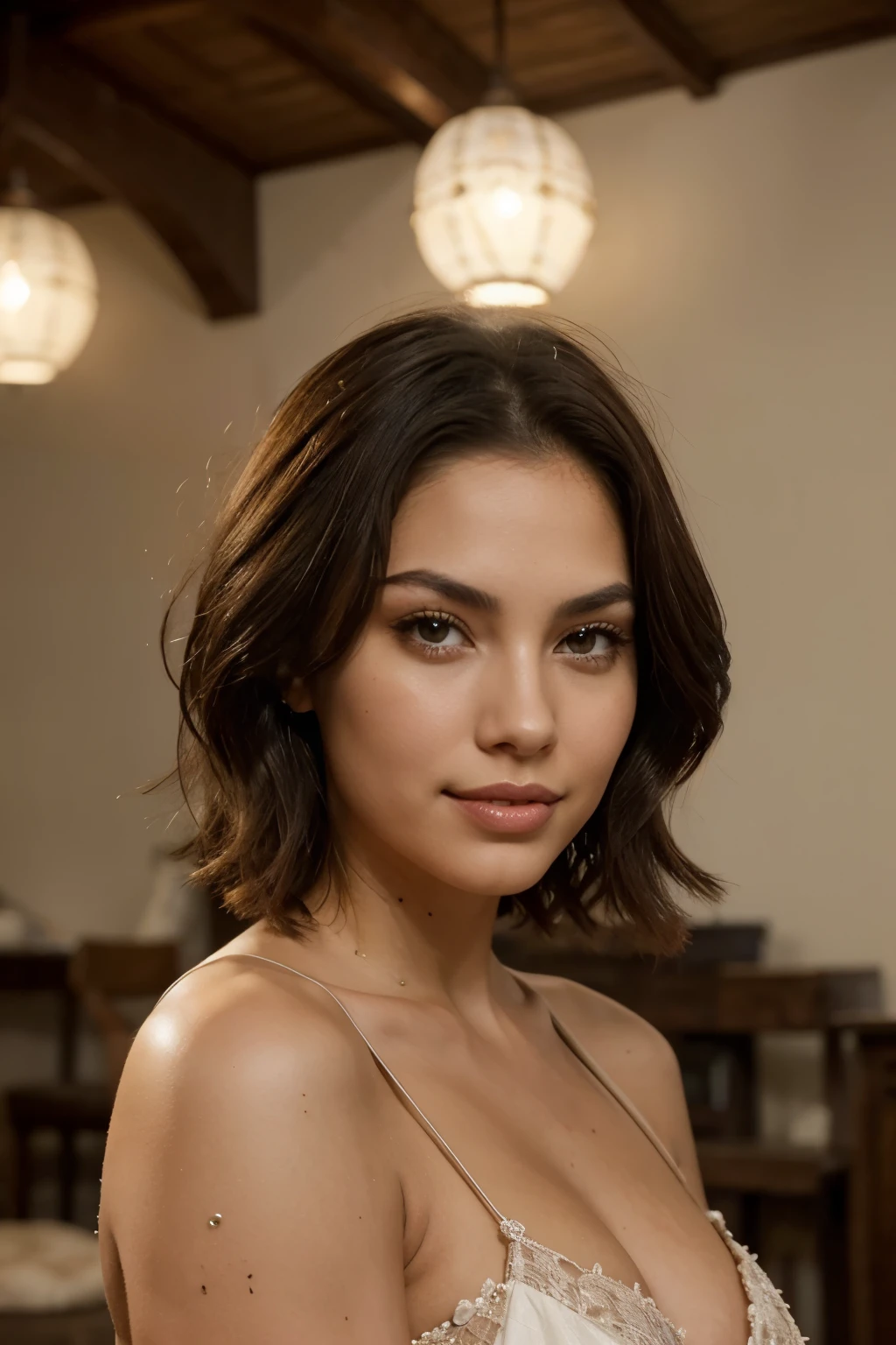 Christen Harper con una hermosa cara madura, tez oscura, short hair, cejas grandes y tatuadas, Mirando directamente al espectador, brunette, senos extra grandes Representado de manera realista, frente a un espejo arreglandose el cabello, mostrando sus hombros y cuello, voluptuosa, con un bronceado acentuado y joyas elegantes, lipstick staining her lips, nariz definida, sonriendo