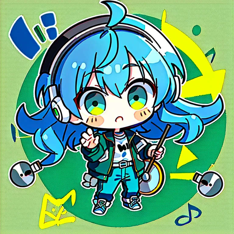 masterpiece, 1boy, dark blue hair, highlight blue hair, green eyes, black headphones, blue jacket, middle school age, immature, yellow shoes, blue pants, black hand bands, white shirt, chibi, play drum, drum, hand holding drum sticks, music