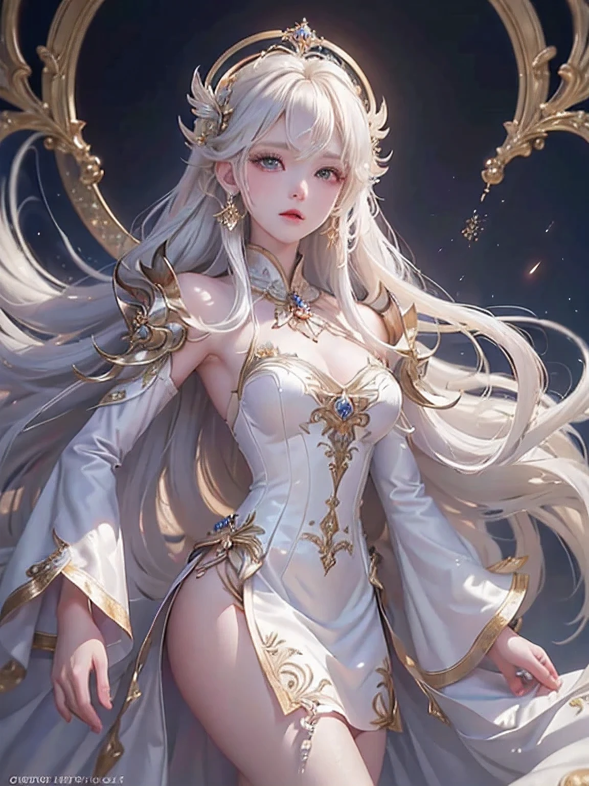 ((masterpiece,highest quality,Highly detailed images,Beautiful images、dutch angle))1.4(solo,1girl)(Beautiful girl、Beautiful Skin、White skin、Light Hair、Long Hair、Delicate shoulders)(dress、Fur coat)(floating hair、Model-like pose)(Fantastic background)