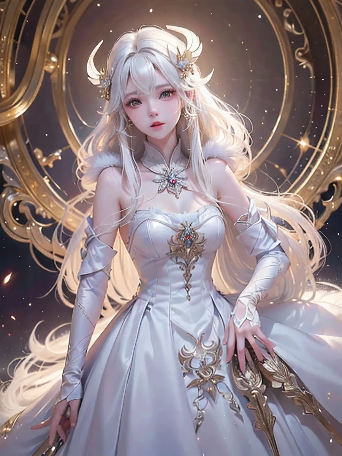 ((masterpiece,highest quality,Highly detailed images,Beautiful images、dutch angle))1.4(solo,1girl)(Beautiful girl、Beautiful Skin、White skin、Light Hair、Long Hair、Delicate shoulders)(dress、Fur coat)(floating hair、Model-like pose)(Fantastic background)