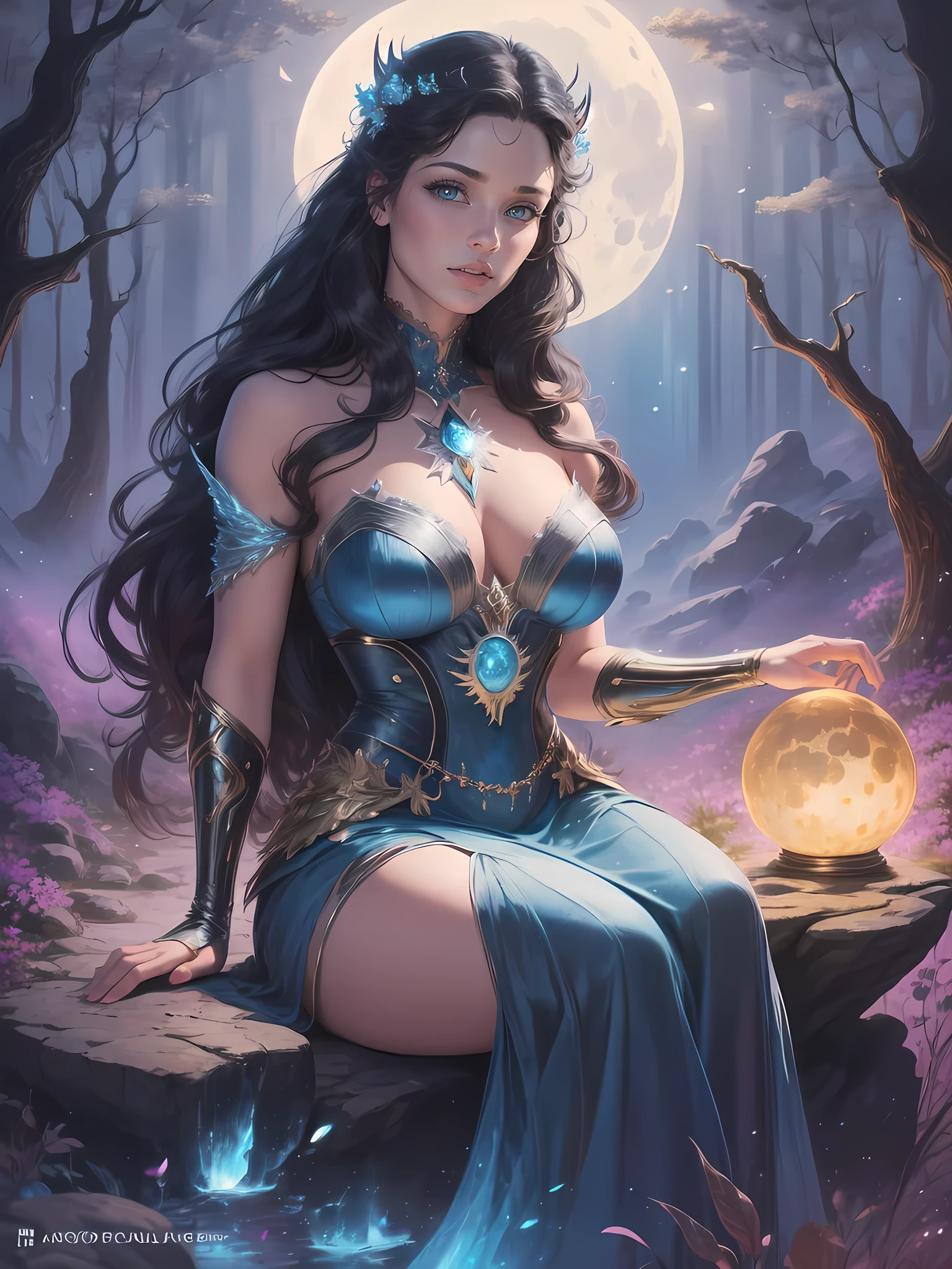 arafed woman in a blue dress sitting on a rock, Lucian, lunar goddess, karol bak uhd, portrait of a norse moon goddess, moonlit night dreamy atmosphere, Fantasy Woman, Goddess of the moon, dream magical、aethereal、darkly, Ethereal beauty, lunar goddess, Beautiful Rapunzel, beautiful fantasy maiden, dreamy night