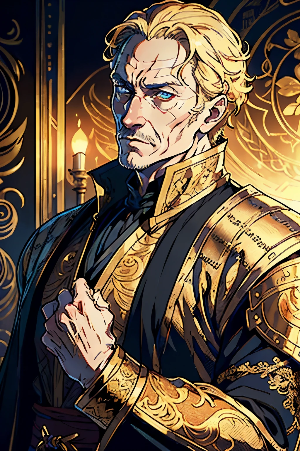 (Masterpiece), Tywin Lannister as Anime Character, Perfect Depiction from "Game of Thrones" Series, (Highly Detailed Attire:1.5), Robe with intricate patterns and gold accents, Highly Accurate Anatomy, Realistic Musculature and Aging, (Cinematic Colour Grading:1.5), Warm tones with a hint of desaturation, Shallow Depth of Field, Focus on Tywin's Face, Bokeh Effect in the Background, Detailed Portrait, Royal Presence, (High Quality:1.5), High Contrast and Crisp Textures, (Masterpiece), Anime